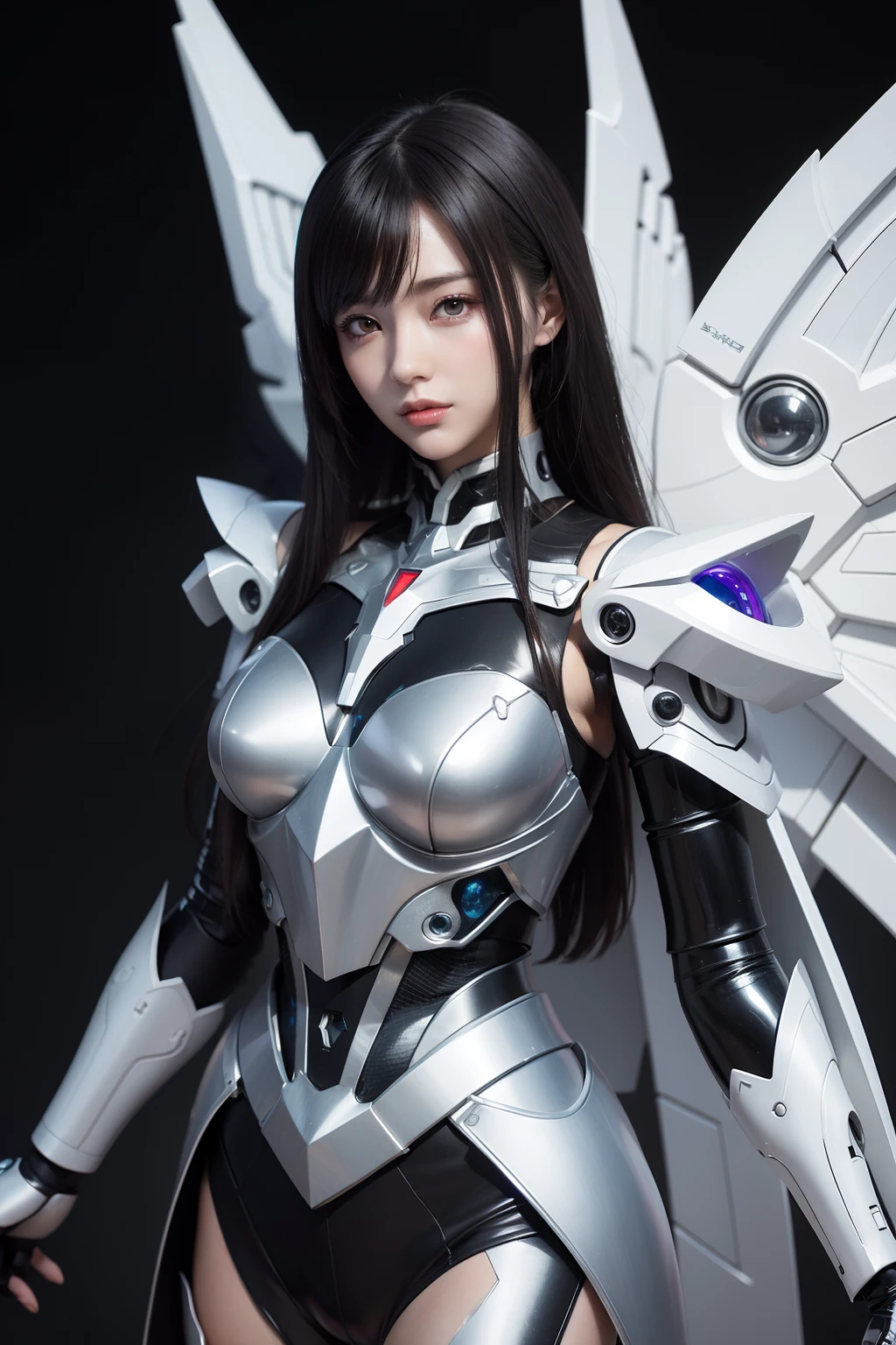 top-quality、tmasterpiece、超A high resolution、Arad woman in a futuristic suit with wings and sword, girl in mecha cyber armor, cyberpunk anime girl mech, anime robotic mixed with organic, Mechanized Valkyrie girl, perfect anime cyborg woman, Cute cyborg girl, female mecha, simple futurist cyborg empress, beautiful girl cyborg, Beautiful robot character design,((Super realistic details)), Realistic character art rendering 8 K, anime robots