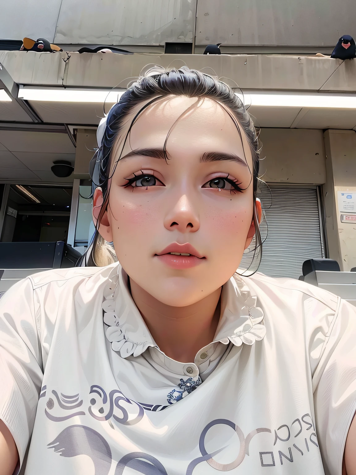 Woman with long hair and makeup,Sit on a bench and look at the sky,The wind blows long hair,The sky has blue skies, white clouds and pigeons flying by。HD8K