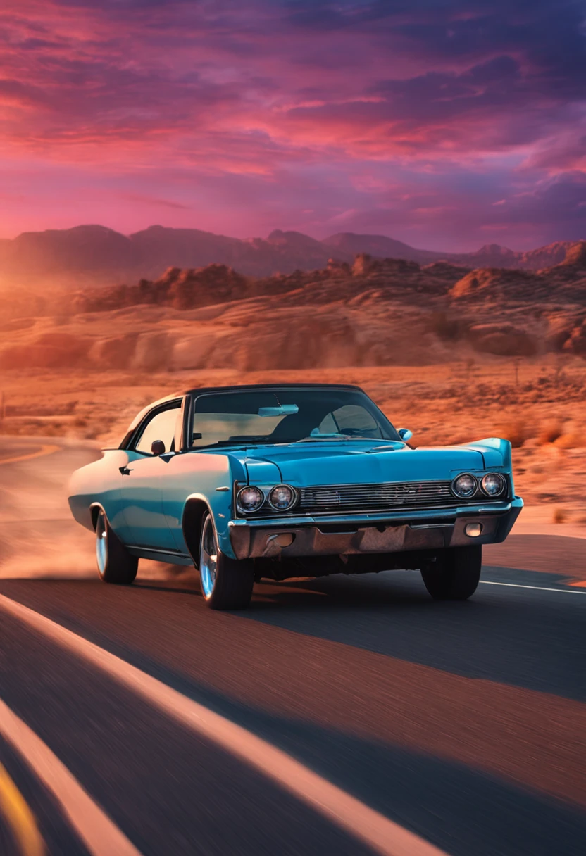 Dusk on an interstate in the United States,The sunset runs wildly,Third perspective,light wind,A man and a woman sit in the car