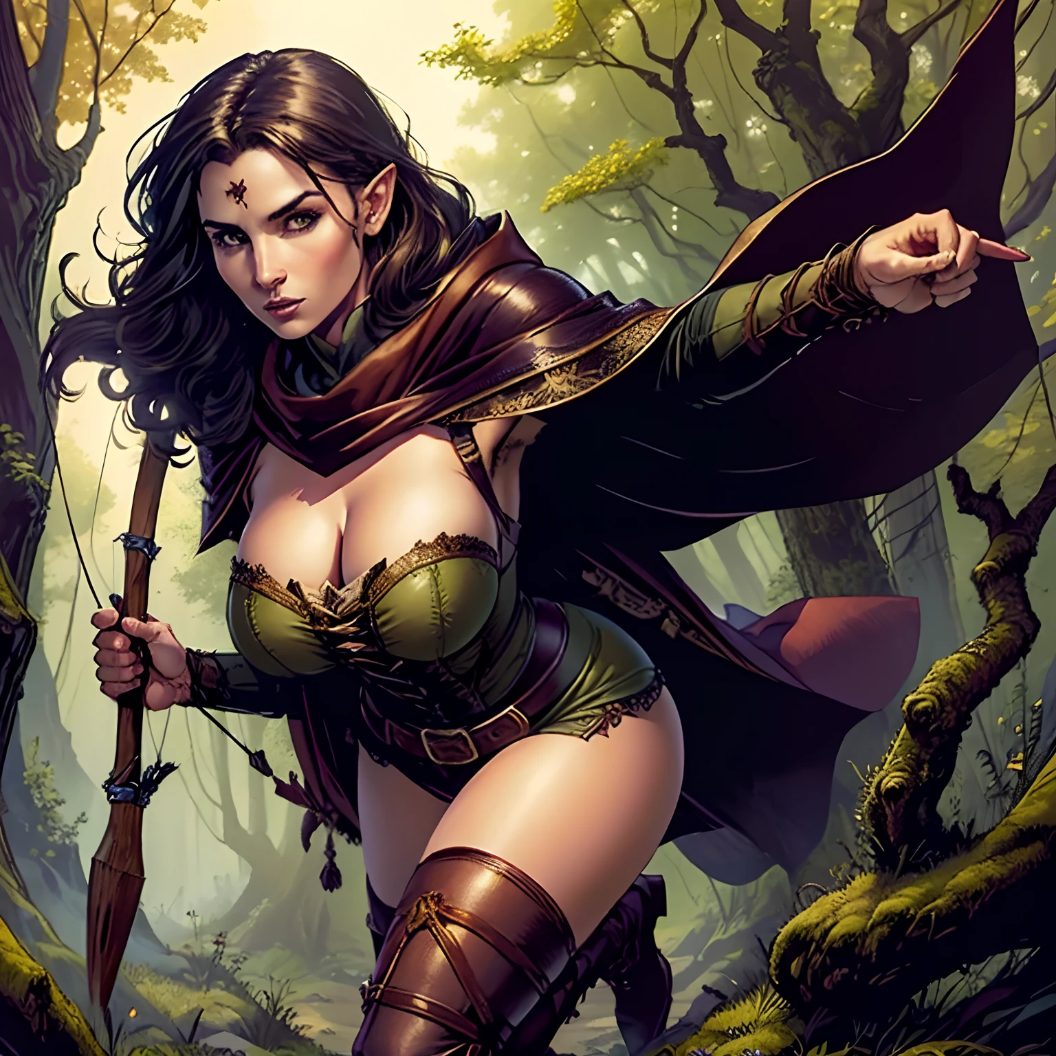 (masterpiece, top quality, best quality, official art, beautiful and aesthetic:1.2), (1girl:1.3), dark brown hair in a single braid, extremely detailed, portrait, looking at viewer, solo, (full body:0.6), detailed background, close up, cat eyes, (warm summer forest theme:1.1), (elf) ranger, charlatan, smirk, mysterious, running in forest, revealing ranger attire, brown leather, cowl, cloak, corset, long boots, buckles, straps, pouches, bow and arrow, green fabric, brown leather, gigantic breasts, cleavage, skindentation, slim waist, slim hips, long legs, medieval (forest exterior:1.1) background, dark mysterious lighting, shadows, magical atmosphere, dutch angle, (((Balsamique)))