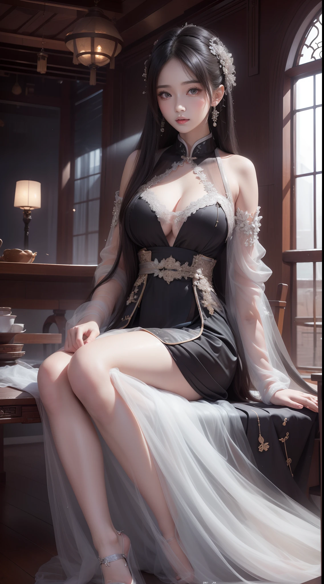 A girl,年轻,black color hair,horse tailed,Wearing a white tulle dress,A layer of clothing,cleanness,Looming skin,Hanfu style,Exposed cleavage,huge tit,High quality white stockings,real silk,Raised sexy,perfect bodies,inside in room,Sitting,独奏,Full body capture,best qualtiy,best illuminate,Highest high resolution,16K,Meticulous detailing,Very clear picture,RAW photos,