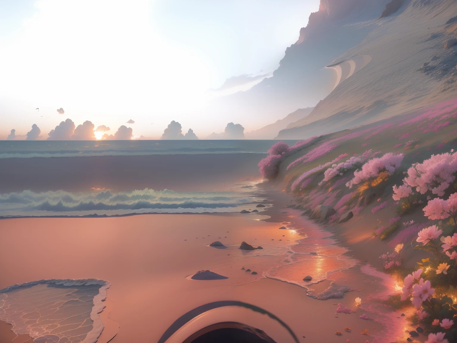 Ultra-high image quality, flower detailing, sunset burning clouds, beautiful scenery
