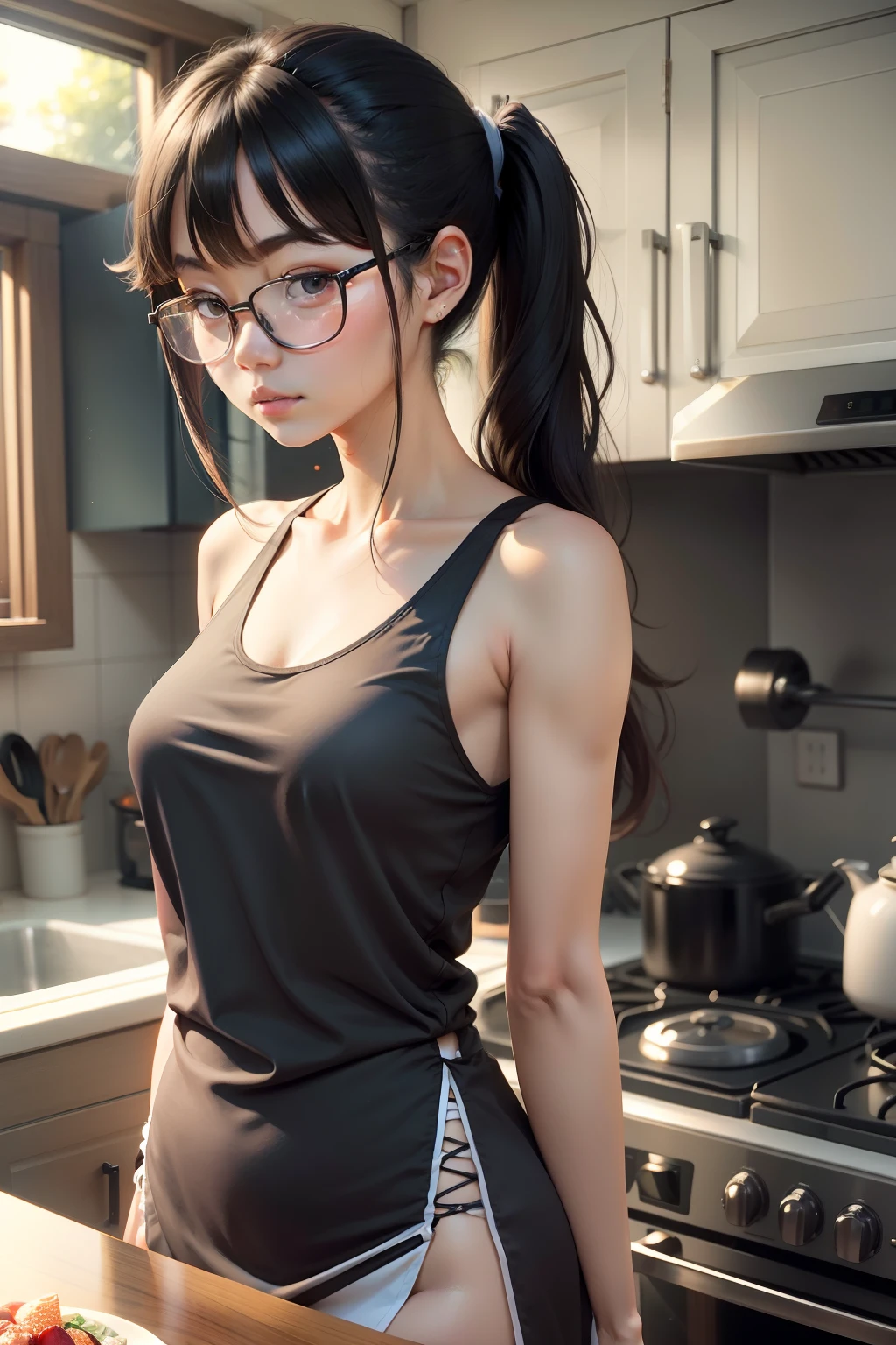 kitchens,Dress at home to make breakfast,鎖骨,Long legs,black tanktop,black-frame glasses,pony tails,The sun is mild,Delicate cheek