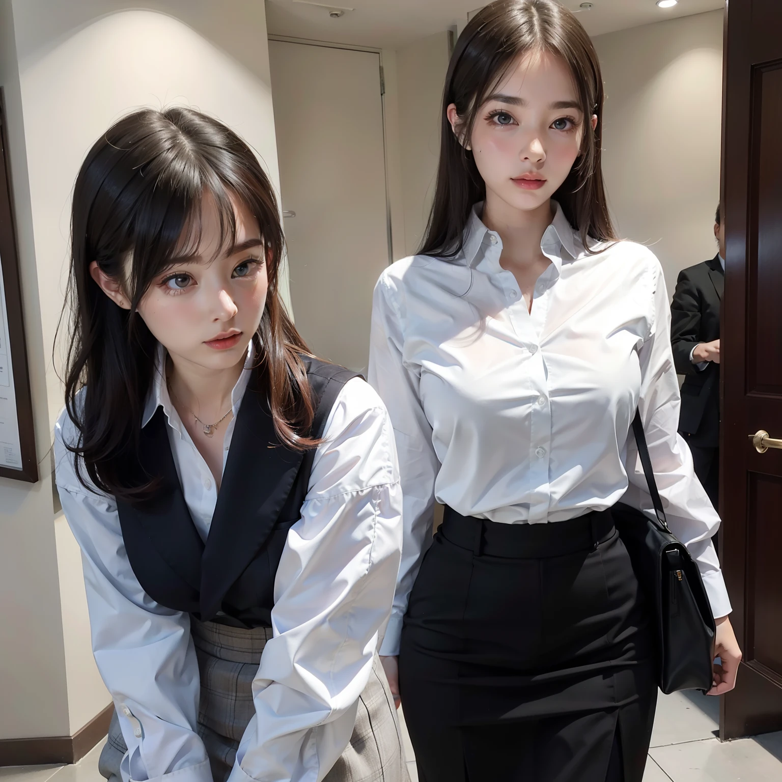 absurdres, RAW photo, extremely delicate and beautiful, masterpiece, Best Quality, ultra high resolution, 16k, hyperrealistic, ultra-detailed, Very detailed CG 8k wallpaper, Beautiful Lighting, Perfect Lightning, Realistic Shadows, perfect anatomy, super Detailed skin, perfect figure, Japanese woman, late 20s, very Slim body, narrow waist, very small head, handsome detailed woman, very detailed eyes and face, realistic face proportions, Stunning detailed eyes, Realistic beautiful face, very small face, Realistic small beautiful eyes, double eyelids, makeup, tearful mole, mole on chest, earring, bare legs, beautiful and very thin legs, beautiful and very thin thighs, (very huge round breasts:1.3), short hair, wavy hair, sweat, full body shot, (3 girls:1.3), tight-fitting, (stewardess uniform:1.3),