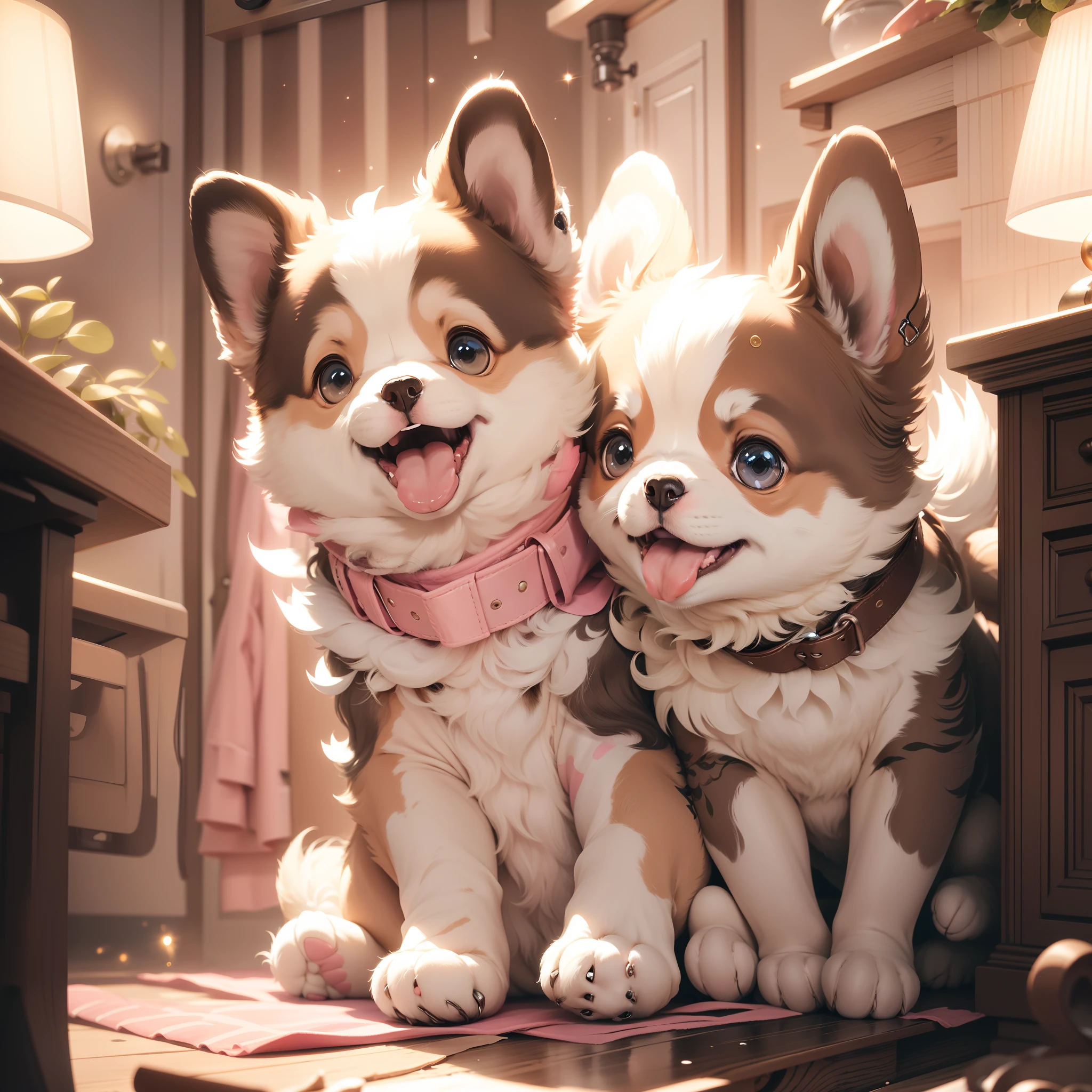 A lovely girl holding a puppy inside the house, sparkling pink, high quality pictures