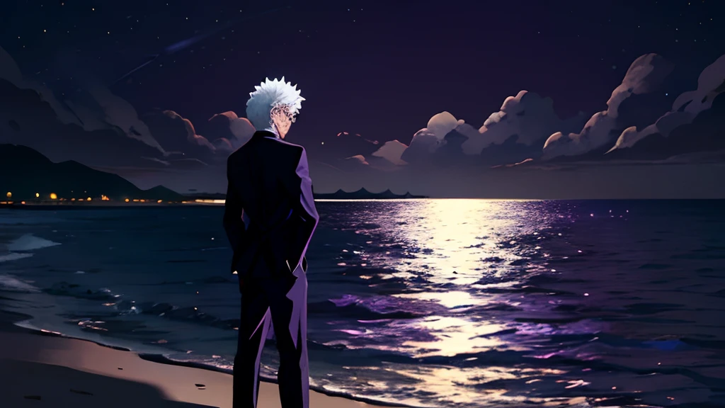 Dynamic pose, dynamic angle,from afar,((night)), beach, calm water without waves,boy at the water's edge,boy looking out to sea,arms outstretched towards the sea,messy spiky white hair, light blue eyes, purplish black suit, no tie, purplish black shirt, purplish black dress pants, rounded sunglasses, ((dark purple sphere on horizon)),