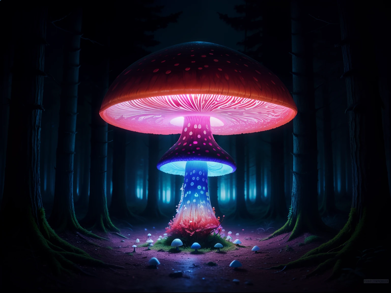 a psychedelic mushroom in a dark forest