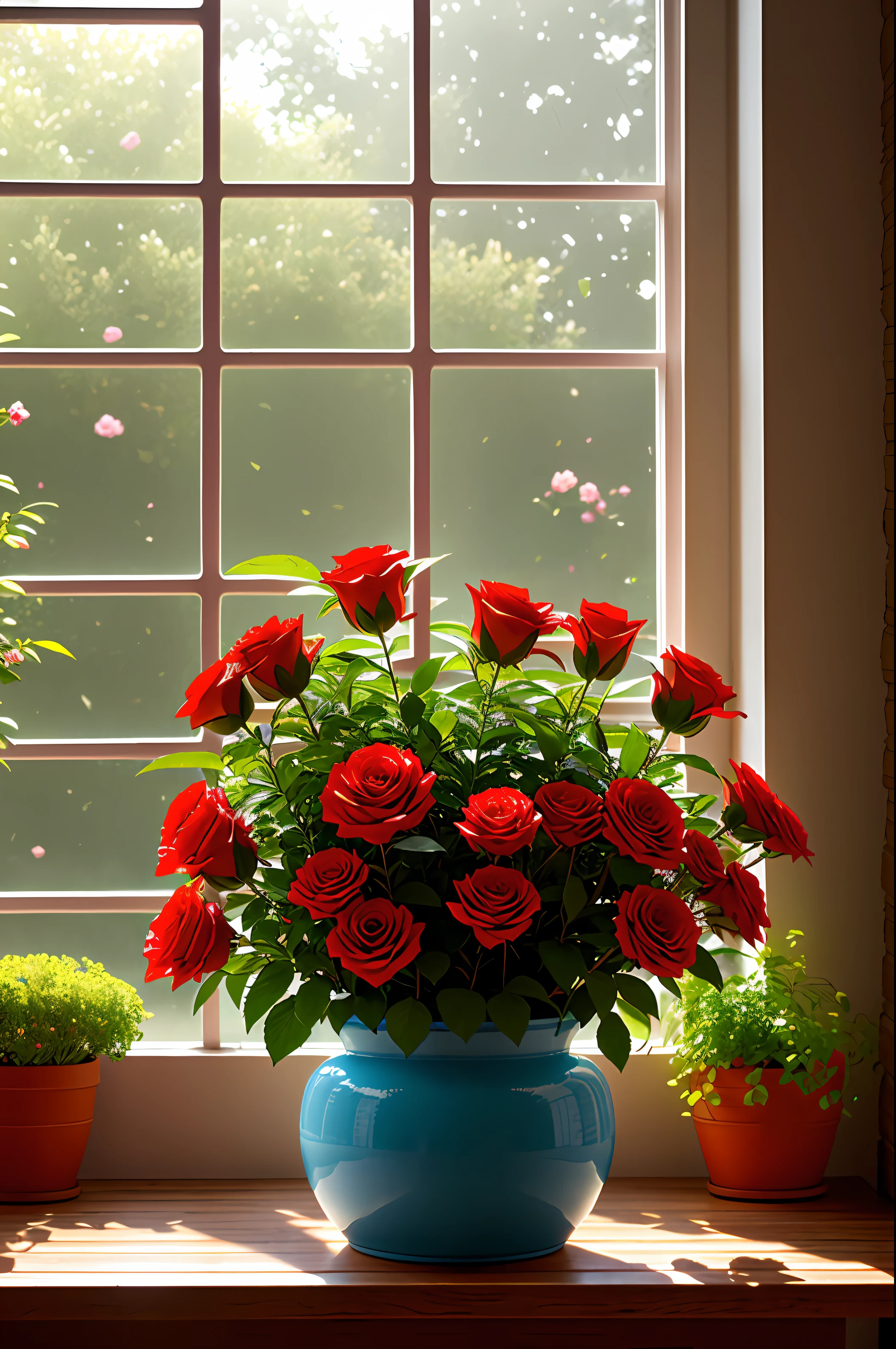Clay pot, colorful roses, by the window, sunlight coming in, blank background, lots of details, high quality, 8k,