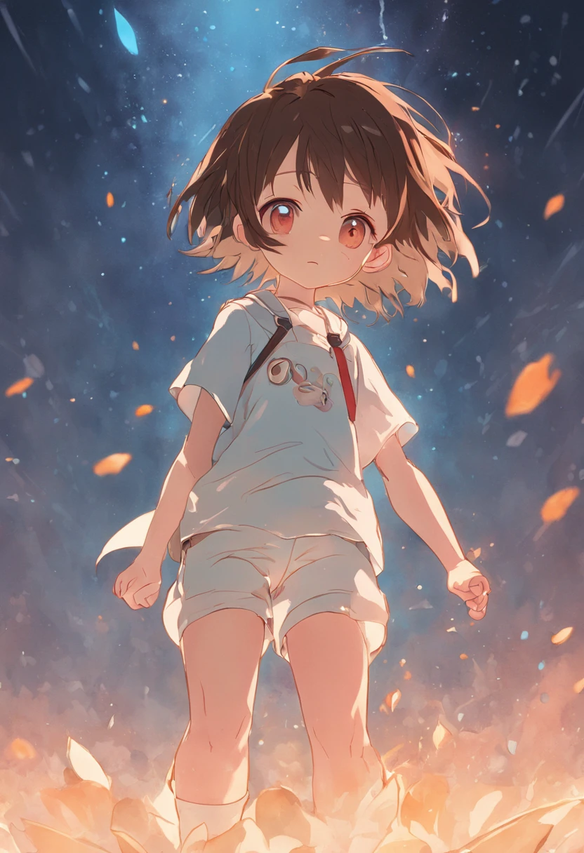 The Astronaut, various poses and expressions, children's book illustration style, simple, cute, colors, short brown hair, plain color, white short-sleeved shirt, denim shorts no belt, no hat, no book, no glasses, no backpack, 6 years ground white