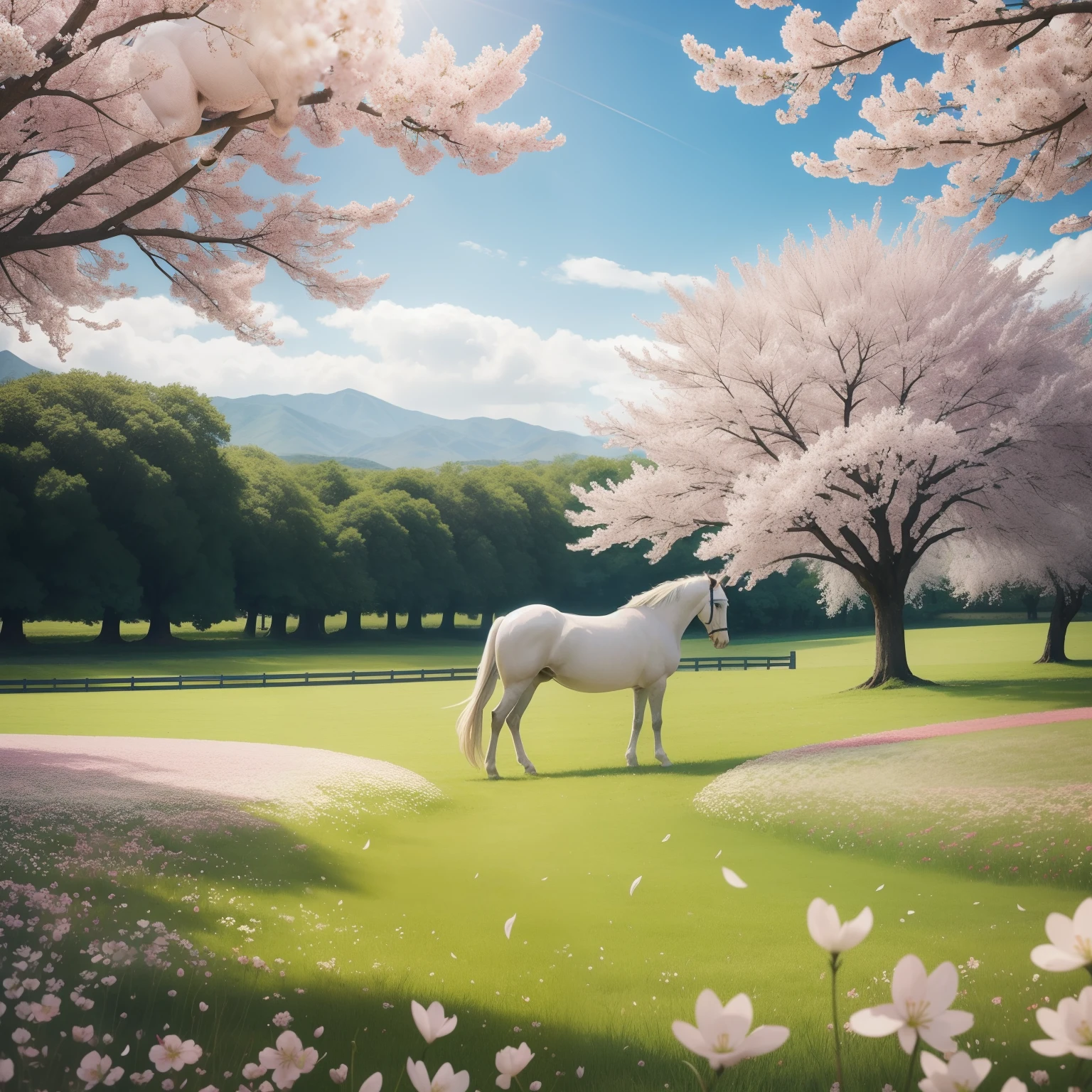 A white horse in a field full of flowers, lot of colorful flowers, cherry blossom trees all around with falling leaves