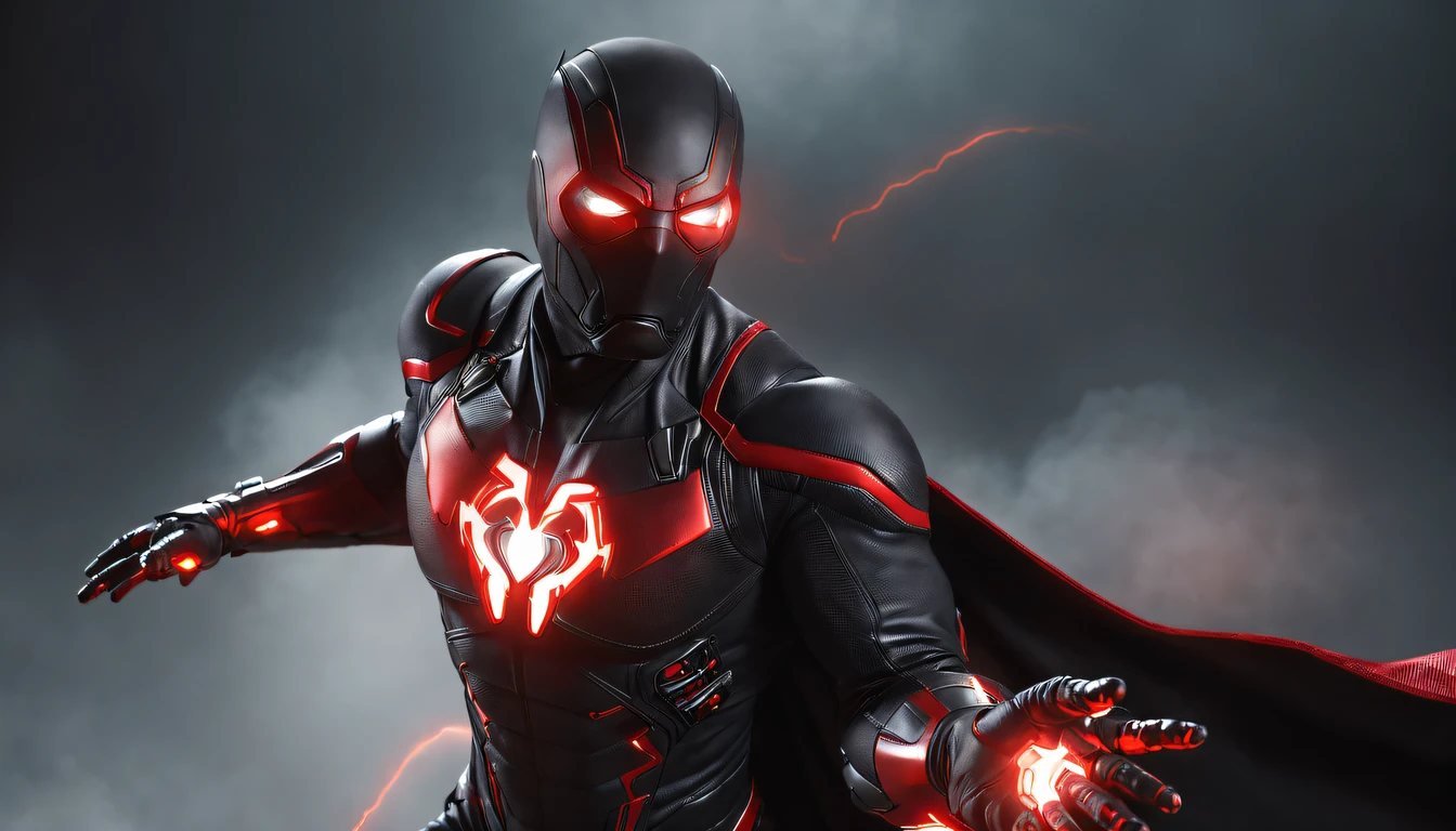 An intricate carbon and red Superhero in a cyber-suit, levitating in the air, extravagant long carbon black silk Cape, no helmet, has long hair and a beard, laser red eyes, his super powers are strength and flight and can shoot lightning out of his hands, surrounded by red lightning, extremely detailed suit, micro-details, photo-realism, one light, dark photo, deep shadows, shallow depth of field, photo-realistic, Surrealism, high quality, masterpiece, 8k, 8k, super detail, full body portrait, extremely muscular, no mask, (T Logo on chest)