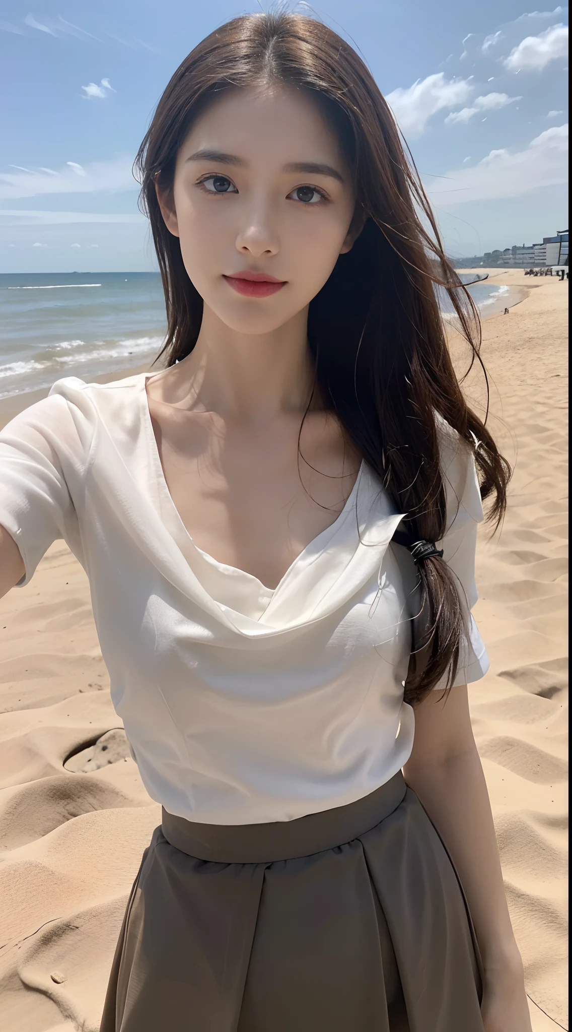 ((Best picture quality, 8K, tmasterpiece: 1.3)), self-shot, Sharp focus: 1.2, A cute beauty with a perfect figure: 1.4, Slim, ((Brown hair black)) , (whitet-shirt，pleatedskirt，Highly detailed face，Happy expression，standing on your feet：1.2），（（with blue sky and white clouds，Beach by the sea：1.3. Produced with a major focus on women）），Highly detailed facial and skin texture，Detailed eyes，二重まぶた