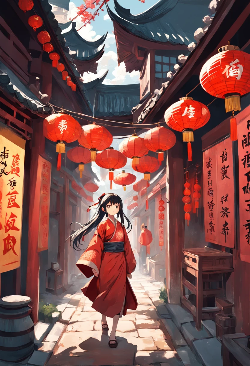 Street picture in CG game,Full of Chinese elements,The Lunar New Year is just around the corner,The festive atmosphere is strong,The style of medieval illustrations, Symbolic figurative landscapes, Light red and silver, Vintage poster design, Organic Art Nouveau, Saturated pigment pool, woodcut print