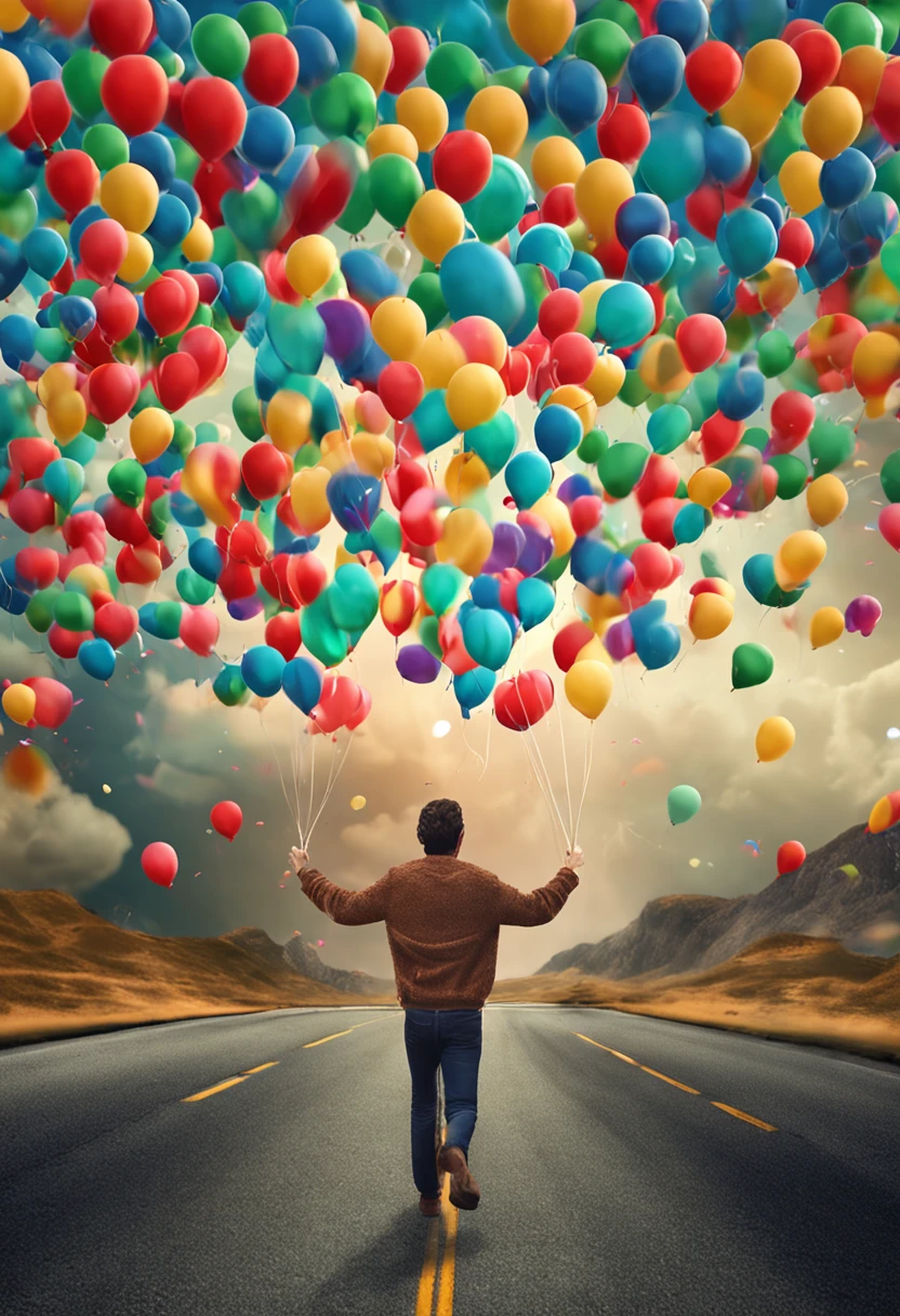 description: a happy person releasing balloons.
Characteristics: Thin Man Smiling Scenery: on a Road Action: releasing happy and relieved balloons Quality: Foto ultra realista, qualidade 8k, fullhd