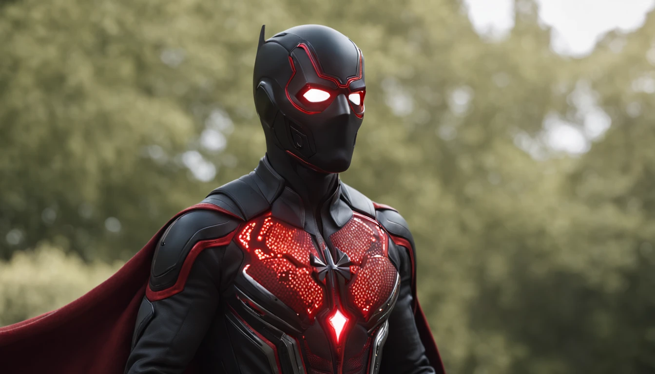 An intricate carbon and red Superhero in a cyber-suit, levitating in the air, extravagant long carbon black silk Cape, not wearing a helmet, Long brown hair, trimmed beard, laser red eyes, his super powers are strength and flight and can shoot lightning out of his hands, surrounded by red lightning, extremely detailed suit, micro-details, photo-realism, one light, dark photo, deep shadows, shallow depth of field, photo-realistic, Surrealism, high quality, masterpiece, 8k, 8k, super detail, full body portrait, extremely muscular, no mask, (T Logo on chest)
