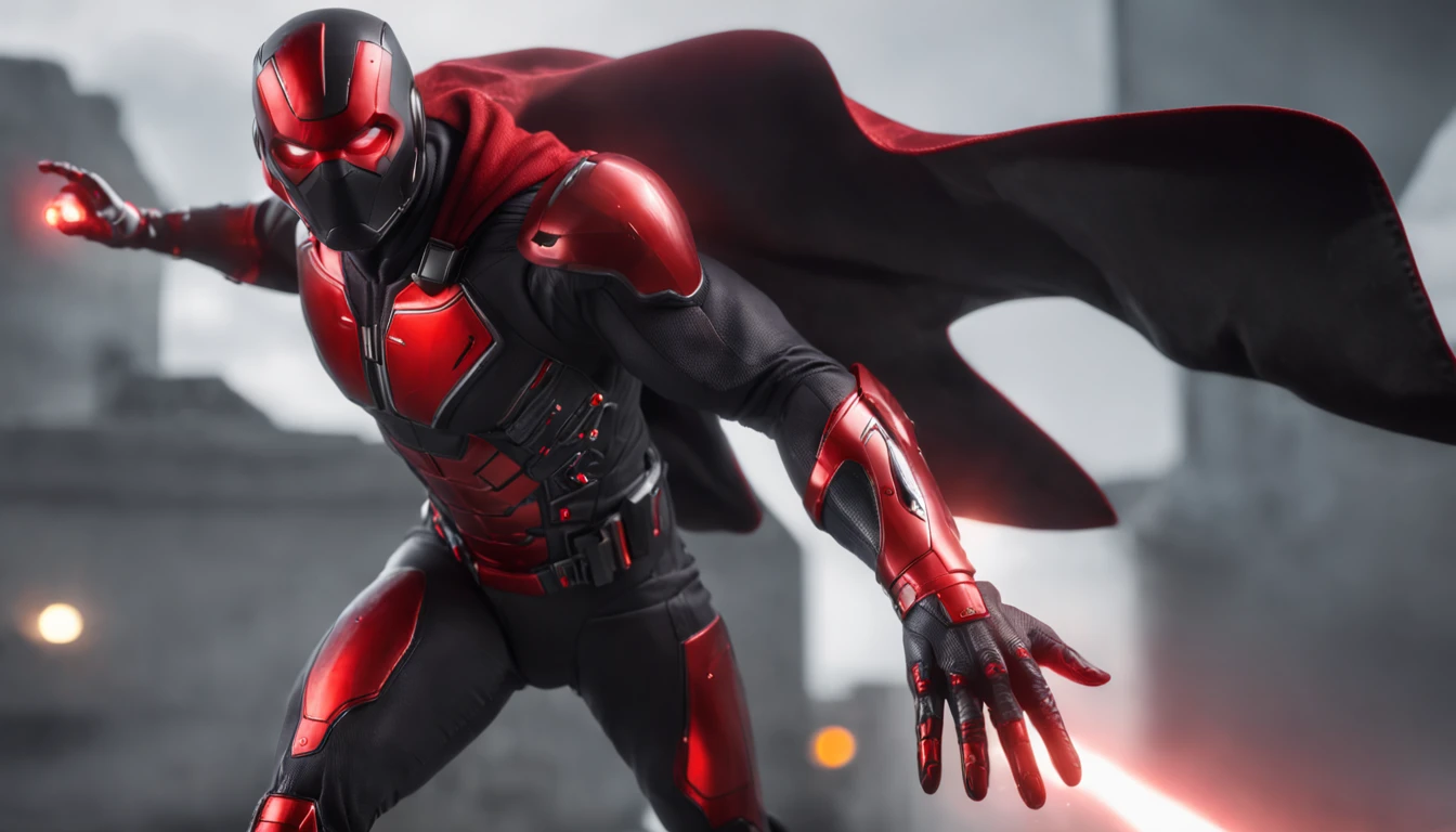 An intricate carbon and red Superhero in a cyber-suit, levitating in the air, extravagant long carbon black silk Cape, not wearing a helmet, Long brown hair, trimmed beard, laser red eyes, his super powers are strength and flight and can shoot lightning out of his hands, surrounded by red lightning, extremely detailed suit, micro-details, photo-realism, one light, dark photo, deep shadows, shallow depth of field, photo-realistic, Surrealism, high quality, masterpiece, 8k, 8k, super detail, full body portrait, extremely muscular, no mask, (T Logo on chest)