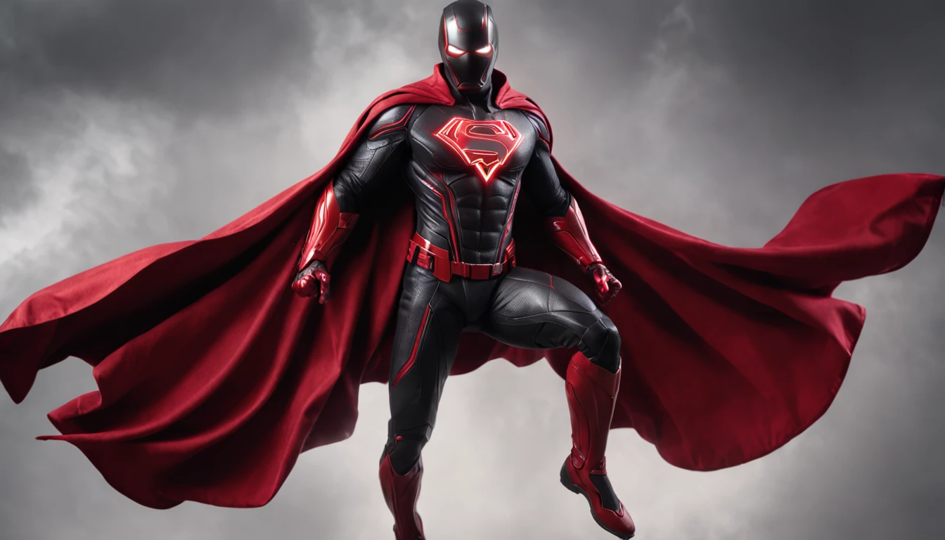 An intricate carbon and red Superhero in a cyber-suit, levitating in the air, extravagant long carbon black silk Cape, not wearing a helmet, Long brown hair, trimmed beard, laser red eyes, his super powers are strength and flight and can shoot lightning out of his hands, surrounded by red lightning, extremely detailed suit, micro-details, photo-realism, one light, dark photo, deep shadows, shallow depth of field, photo-realistic, Surrealism, high quality, masterpiece, 8k, 8k, super detail, full body portrait, extremely muscular, no mask, (T Logo on chest)