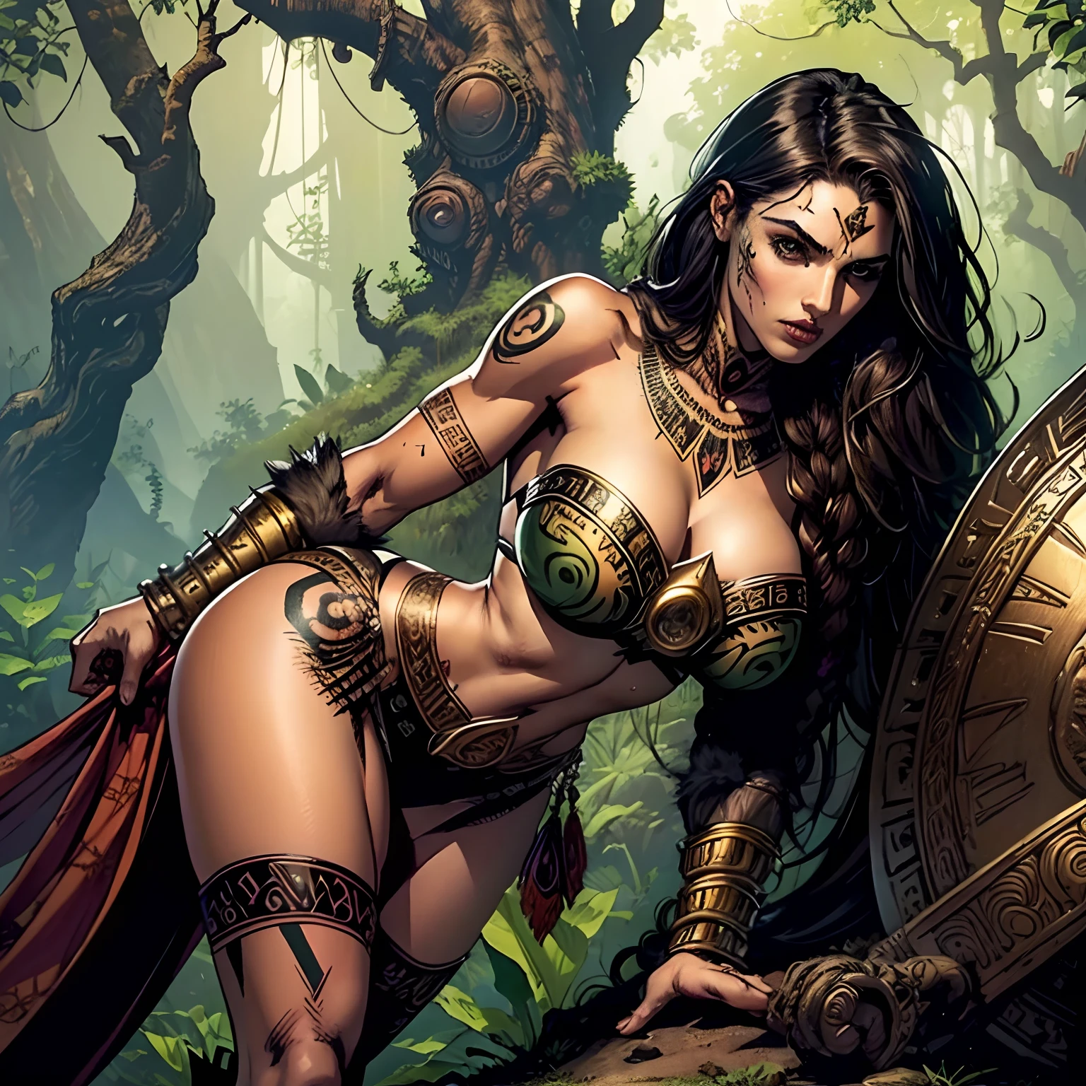 (masterpiece, top quality, best quality, official art, beautiful and aesthetic:1.2), (1girl:1.3), dark brown hair pulled back, in an untidy mane, braids, extremely detailed, portrait, looking at viewer, solo, (full body:0.6), detailed background, close up, sweaty, sweating, ((facepaint, tribal tattoos)), (warm summer desert theme:1.1), busty human Aztec war queen, elegant face, long face, charlatan, smirk, mysterious, walking in jungle, revealing Aztec attire, ornate jade Aztec armor, feathers in hair, feathered armor, bare midriff, brown leather, fur lined clothes, long boots, buckles, straps, pouches, maquahuitl and shield, tan fabric, brown leather, gigantic breasts, skindentation, cleavage, muscular, strong, slim waist, slim hips, long legs, muscular legs, medieval (jungle exterior:1.1) background, dark mysterious lighting, shadows, magical atmosphere, dutch angle, (((Balsamique)))