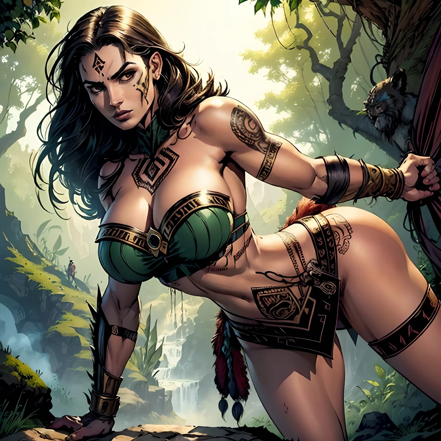 (masterpiece, top quality, best quality, official art, beautiful and aesthetic:1.2), (1girl:1.3), dark brown hair pulled back, in an untidy mane, braids, extremely detailed, portrait, looking at viewer, solo, (full body:0.6), detailed background, close up, sweaty, sweating, ((facepaint, tribal tattoos)), (warm summer desert theme:1.1), busty human Aztec war queen, elegant face, long face, charlatan, smirk, mysterious, walking in jungle, revealing Aztec attire, ornate jade Aztec armor, feathers in hair, feathered armor, bare midriff, brown leather, fur lined clothes, long boots, buckles, straps, pouches, maquahuitl and shield, tan fabric, brown leather, gigantic breasts, skindentation, cleavage, muscular, strong, slim waist, slim hips, long legs, muscular legs, medieval (jungle exterior:1.1) background, dark mysterious lighting, shadows, magical atmosphere, dutch angle, (((Balsamique)))