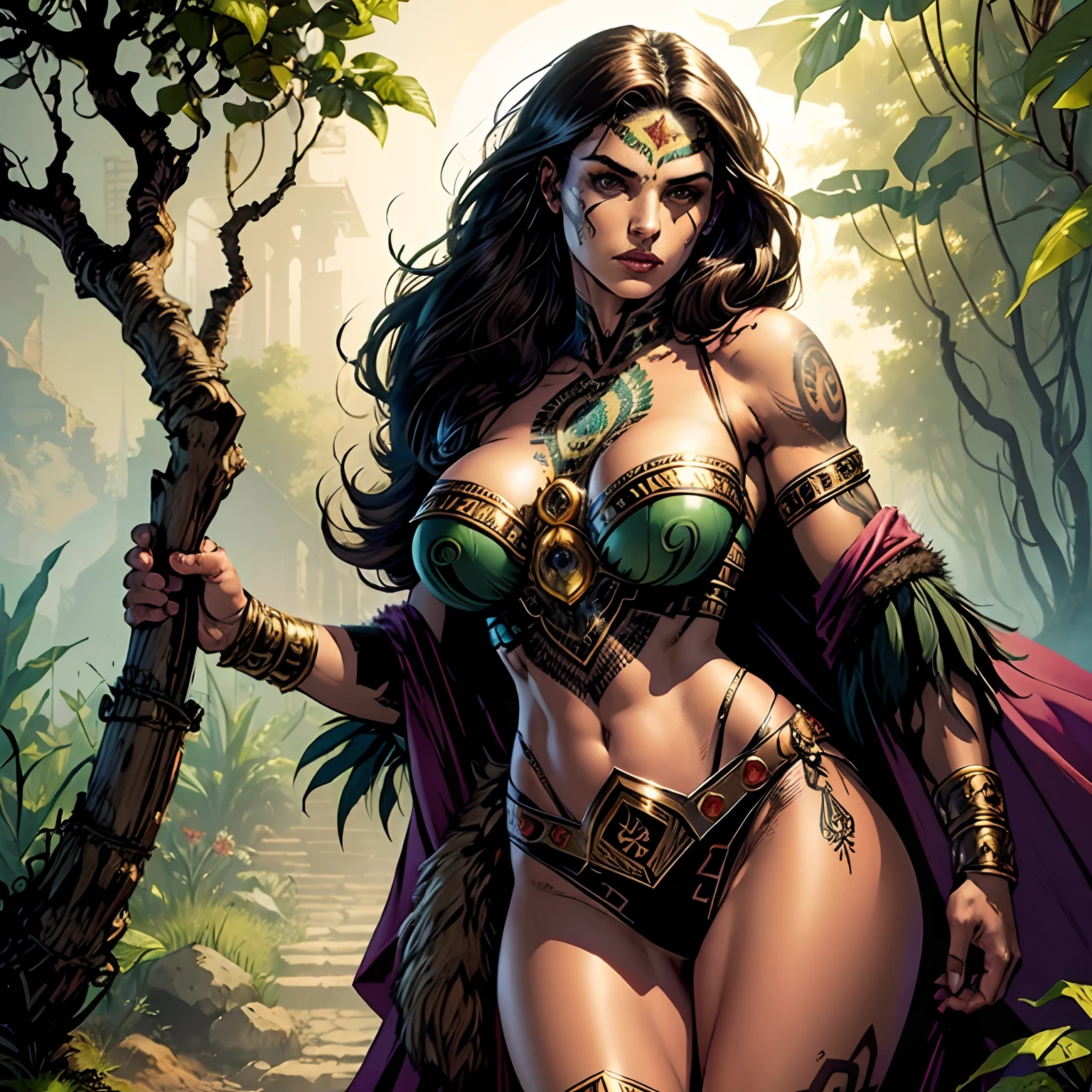 (masterpiece, top quality, best quality, official art, beautiful and aesthetic:1.2), (1girl:1.3), dark brown hair pulled back, in an untidy mane, braids, extremely detailed, portrait, looking at viewer, solo, (full body:0.6), detailed background, close up, sweaty, sweating, ((facepaint, tribal tattoos)), (warm summer desert theme:1.1), busty human Aztec war queen, elegant face, long face, charlatan, smirk, mysterious, walking in jungle, revealing Aztec attire, ornate jade Aztec armor, feathers in hair, feathered armor, bare midriff, brown leather, fur lined clothes, long boots, buckles, straps, pouches, maquahuitl and shield, tan fabric, brown leather, gigantic breasts, skindentation, cleavage, muscular, strong, slim waist, slim hips, long legs, muscular legs, medieval (jungle exterior:1.1) background, dark mysterious lighting, shadows, magical atmosphere, dutch angle, (((Balsamique)))