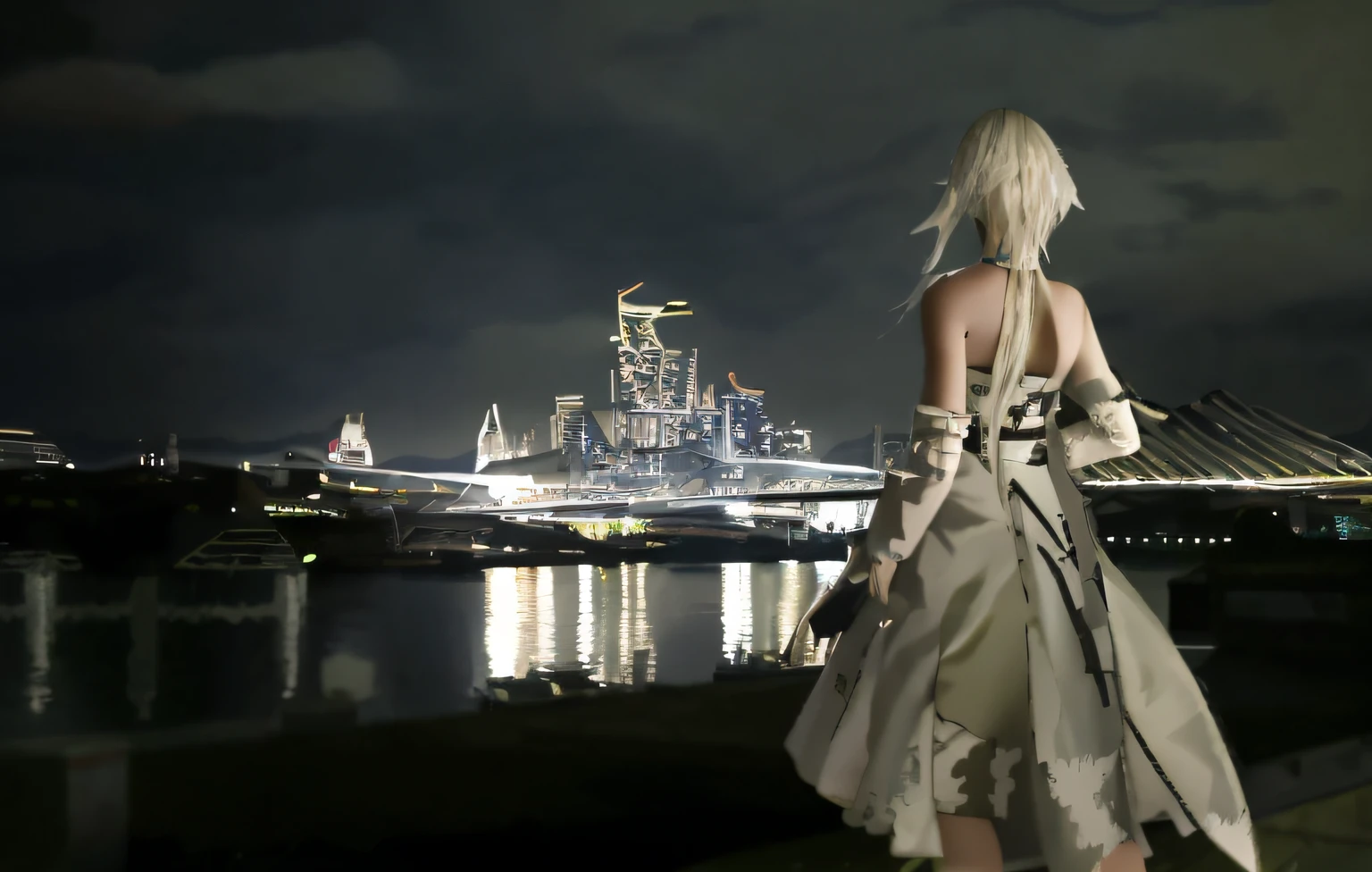 Blonde woman in long dress looking at city skyline at night, in front of a fantasy city, temples behind her, with the city as the background, From《Final Fantasy XIII》, in front of a sci fi cityscape, tokyo futuristic in background, Beautiful city of the future, in front of a ruined city, City in the background, nier inspired, city in backround