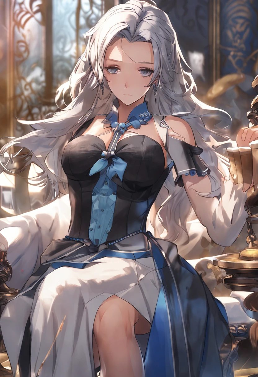 ((8k, best quality, master piece: 1.3)),super high resolution,(1 girl, solo), (colorshift eyes, hyperdetailed, expressive sparkling, glitter, glowing eyes), ultra detailed eyes, ultra-detailed face, random hair, ((silver gray color)),The young lady stands in the center of a luxurious dining room, her silver hair shining with a silky luster, exuding elegant beauty. Her hair is tied to the side and sparkling with a crystal hair accessory. Her dress is made of silk with dark blue and gold embroidery, studded with gems and crystals, and shines in rainbow colors when the light reflects off it.
A sapphire necklace sparkles around the young lady's neck, and sapphire earrings dangle from her ears. Several gemstone rings shine on her fingers, and a crystal bracelet sparkles on her wrist. Her eyes are deep blue, and she smiles gracefully as she faces the table.
In the background is a luxurious dining table, with a crystal chandelier hanging from the ceiling. The table is beautifully decorated with silverware and flowers, and the walls are adorned with luxurious paintings and decorations. Soft sunlight pours in through the large windows, bathing the entire room in warm light. This scene perfectly depicts the young lady's elegant life and luxurious surroundings.
