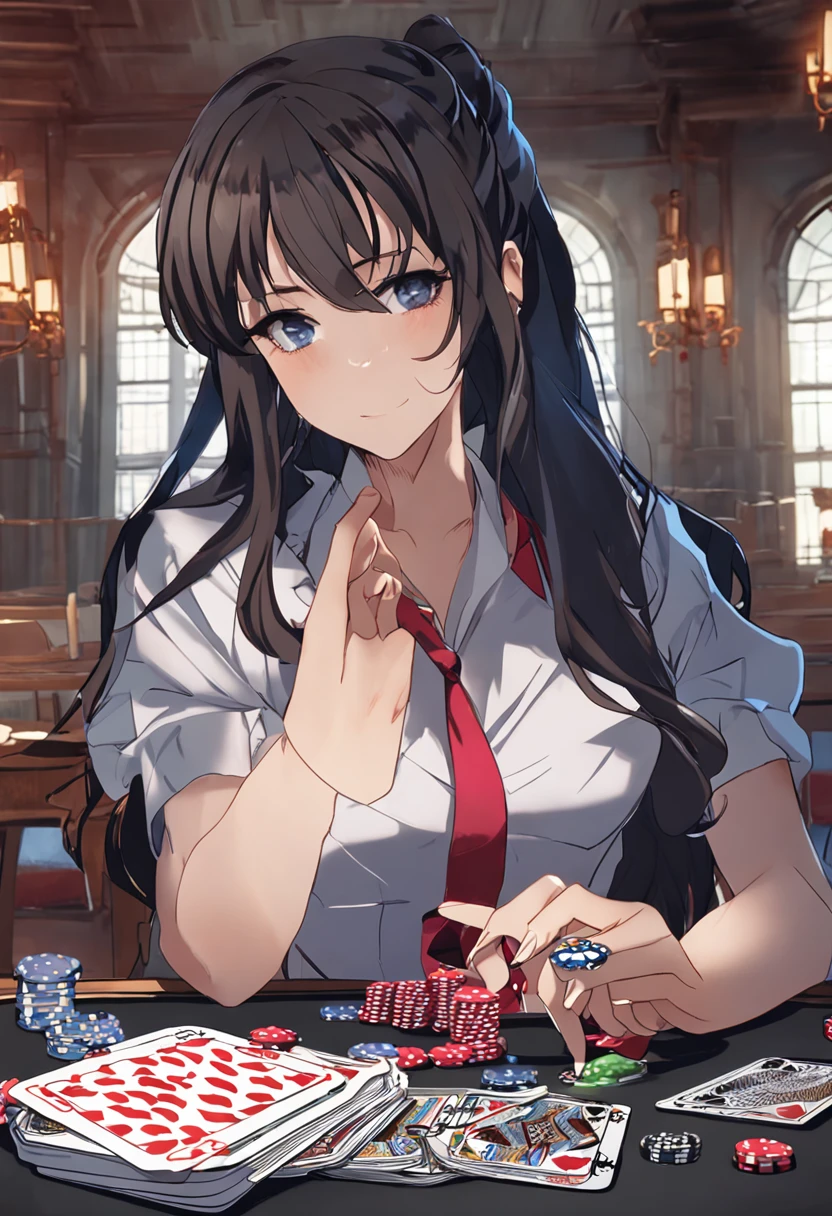 ((Masterpiece), best quality, HDR,UHD,8K), ung woman, solo, mature, cute and sexy, perfect body, big breasts, long black hair, curly hair, bangs, perfect face, expressive eyes, dark blue eyes, cheeky smile, (white shirt), sleeveless, blue necktie, (upper body), table, Playing cards, Playing a card game