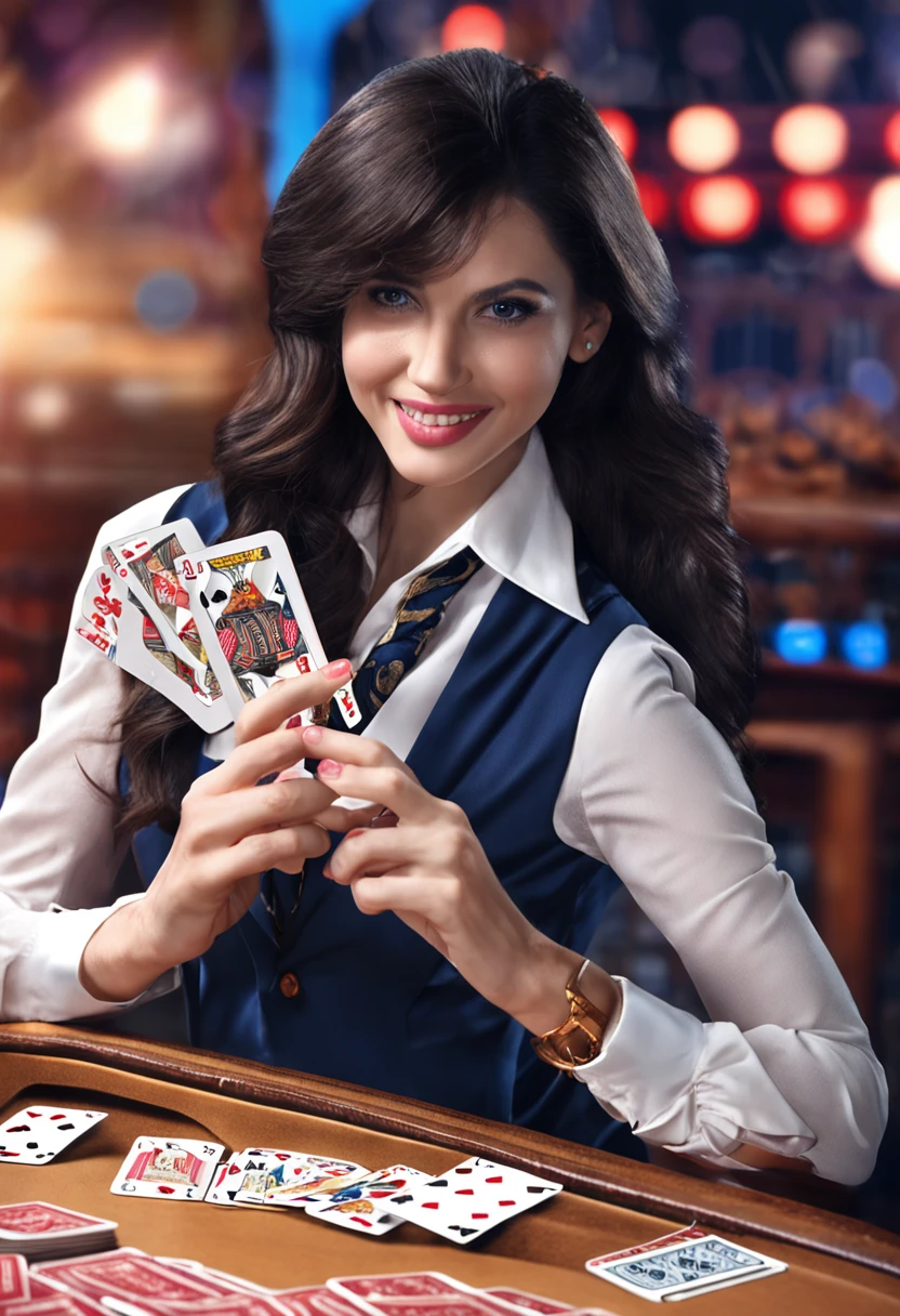 ((Masterpiece), best quality, HDR,UHD,8K), 1young woman, solo, mature, cute and sexy, perfect body, big breasts, long black hair, curly hair, bangs, perfect face, expressive eyes, dark blue eyes, cheeky smile, (white shirt), sleeveless, blue necktie, (upper body), table, Playing cards, Playing a card game