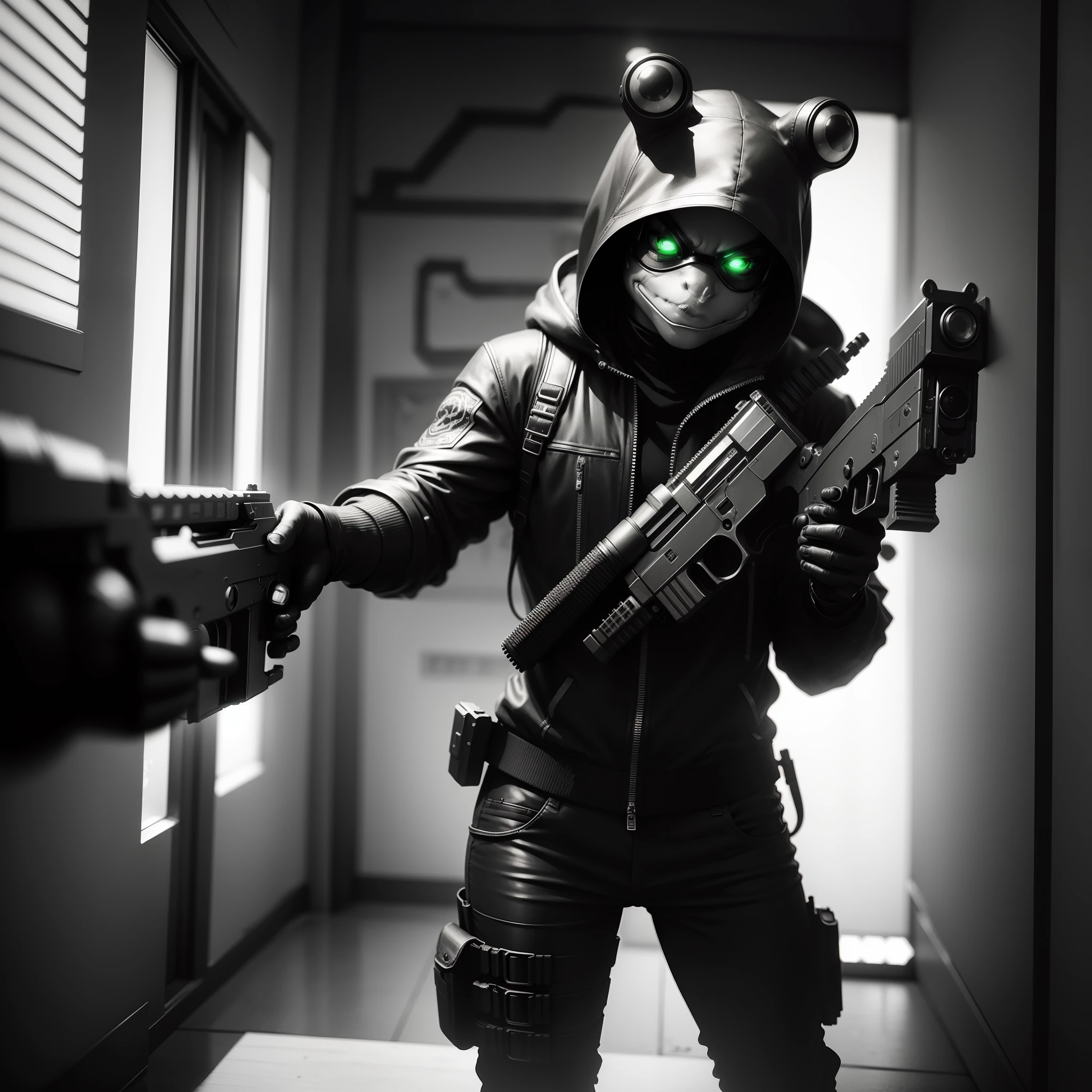 frog character clothed in cyberpunk costume firing a pistol, monochromatic, high contrast, daguerreotype, sci-fi