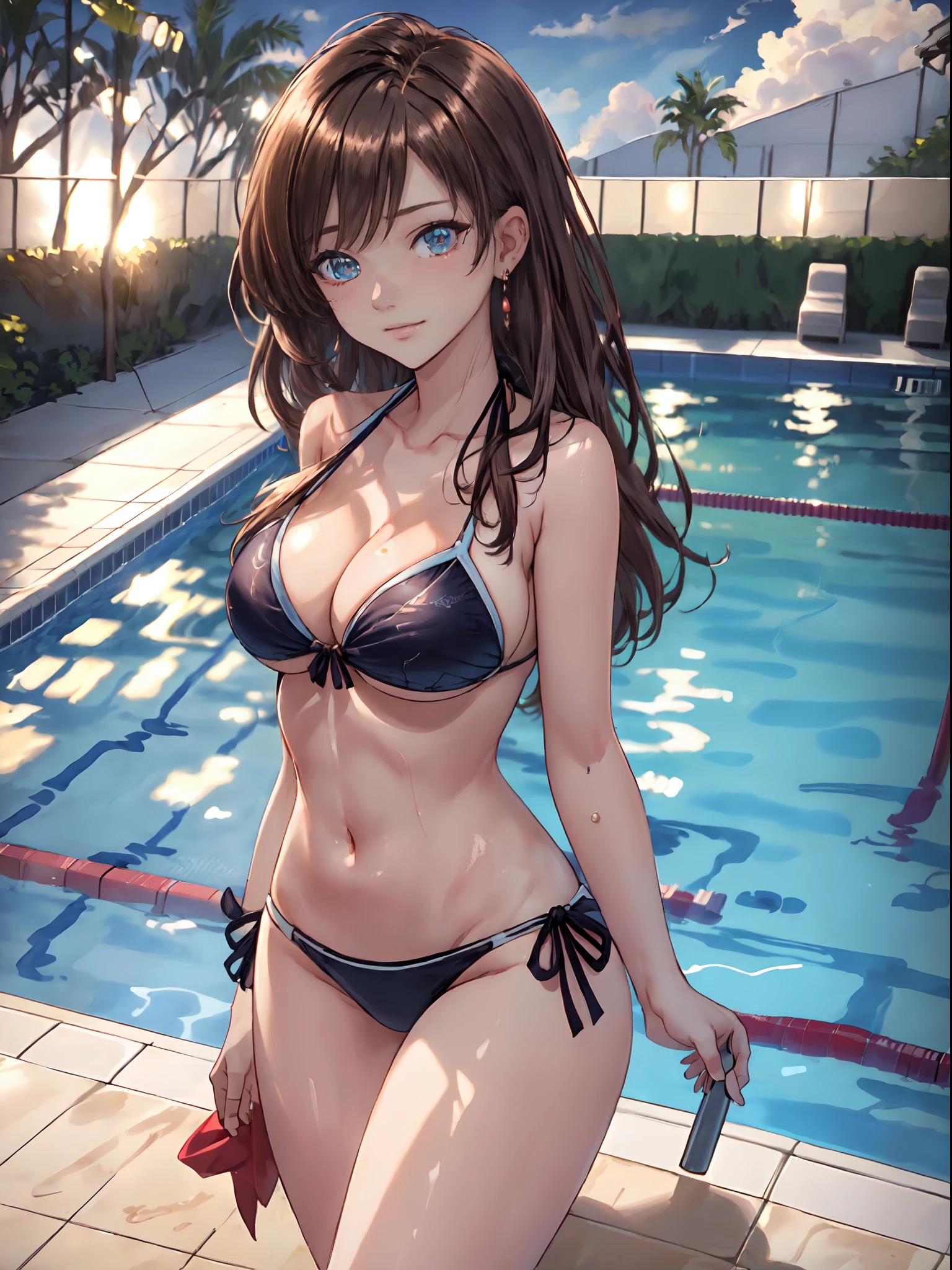 ((masterpiece+best quality+high resolution+illustration1.3+ultra 8k)), 1girl, ((detailed body)) ((attractive face)), bikini girl, swimming pool, fantasy cloud, cloudy background, detailed body, long hair, sharp eyes, detailed eyes, ((detailed shadow)), lighting, detailed, focus, earrings, hnd detailed