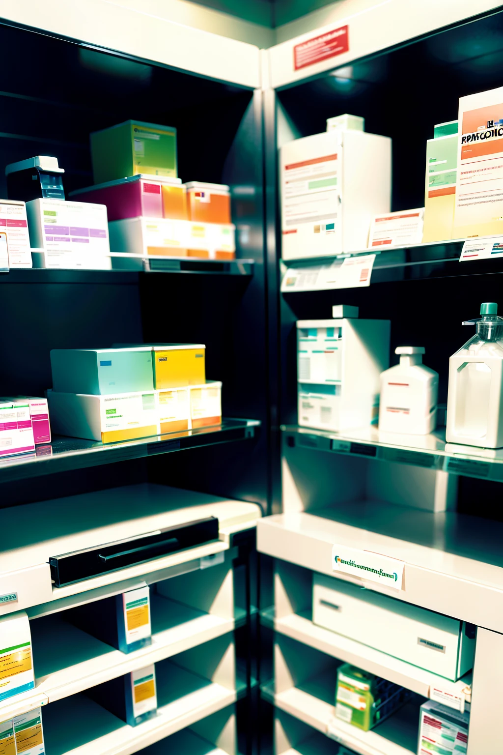 color photo of pharmacovigilance and pharmacy safe practice, showcasing diligent pharmacists and technicians ensuring medication safety in a bustling pharmacy. The image captures a neatly organized medication dispensing area, with pharmacists verifying prescriptions, cross-referencing patient information, and engaging in consultations. The pharmacy is well-stocked with various medications, and a notice board displays important safety information. The photo emphasizes cleanliness and professionalism, with vibrant colors and a wider perspective. —c 10 —ar 2:3