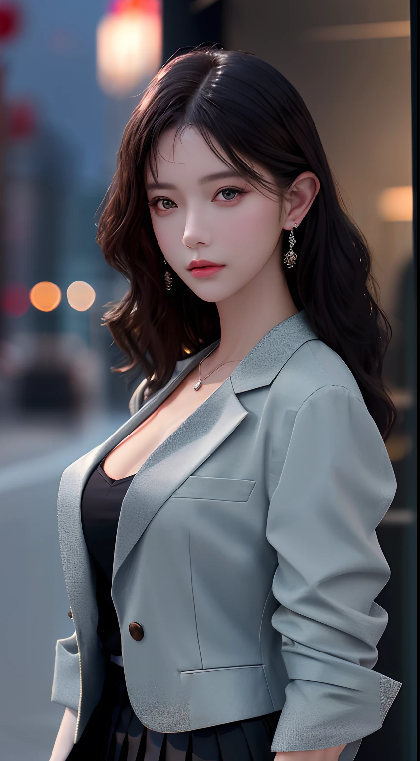 best quality, masterpiece, 1girl, Beautiful face, (photo realistic:1.3), rim lighting, (high detailed skin:1.2), 8k uhd, dslr, high quality, high resolution, 4k, 8k, Bokeh,  absurdres, best ratio four finger and one thumb, (realistic:1.3), cute 1girl, wearing black formal blazer, medium breasts, short skirt,