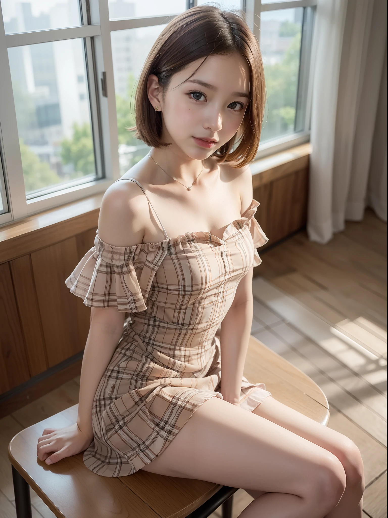 ((of the highest quality, 8K, masutepiece: 1.3, Raw photo)), Sharp Focus: 1.2, (1 AESPA Girl :1.1), Solo, (Realistic, Photorealistic: 1.37), (Face Focus: 1.1), Cute face, hyperdetailed face, short messy hair, Small Smile, slender, nude, (Off-the-shoulder chiffon dress, check skirt: 1.3), thigh, (Sitting with one knee up: 1.3), classroom, panties, flower, dahlia