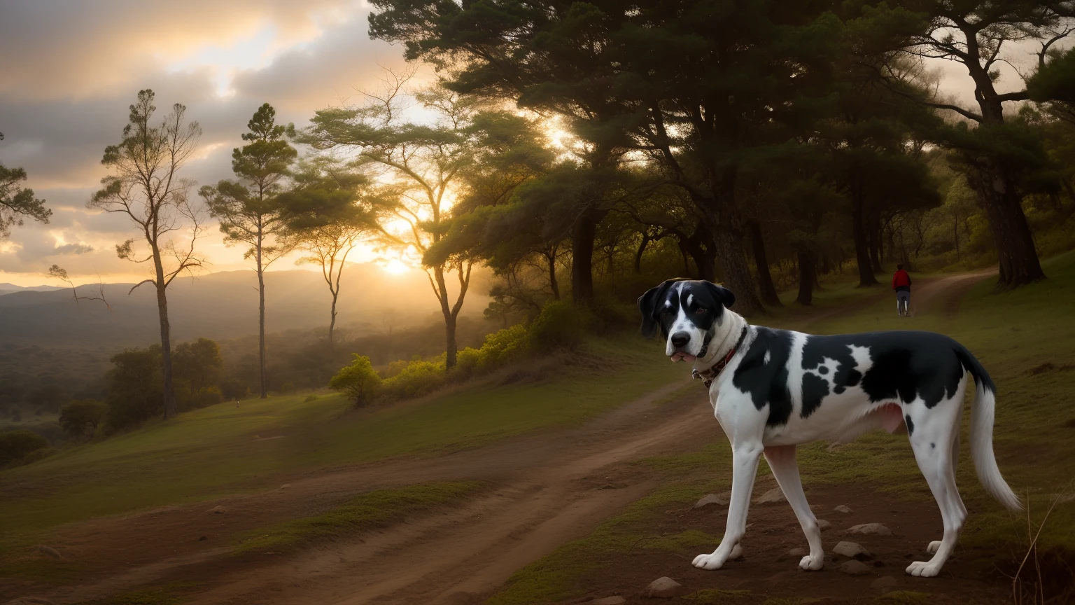 There's a Great Dane harlequin dog standing on a dirt road, Looking away from the camera, looking away from camera, Correr en Savana, Forrest en segundo plano, Mirando a lo lejos, Disfrutar de un paseo por el bosque, un guapo, blanco con manchas negras, Mirando a lo lejos, Orgulloso mirando hacia otro lado, desde lejos, manchado, Forrest en el fondo