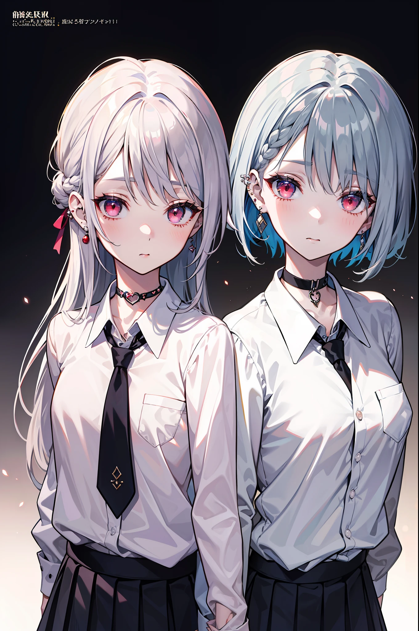 tmasterpiece, Best quality at best, full bodyesbian, 1girll, By bangs, a black choker, black necktie, Silvery hair, Purple skirt, Blushlush, 鎖骨, collar shirt, cowboy lens, Formal shirts, ear piercings, Eyebrows visible through the hair,gyaru, jewely, kogal, long whitr hair, sideface,looking at viewert, nipple piercing, shift dresses, red eyes, a skirt, 独奏, illustration, (Magazines: 1.3), (Cover style: 1.3), woman,apathy, garments, frontage, rich colourful, dyna, Background with, element in, Expressing the, A majestic, scroll, Runt, Scenes, modern day, Fashionab, focal, Fashionab