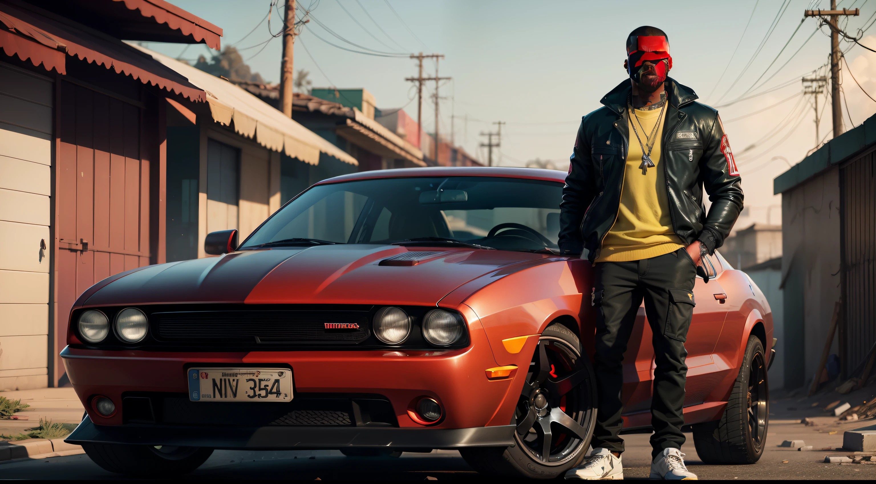 there is a man, gta personagem, Como o protagonista de GTA 5, gta v estilo, como um personagem gtav, Kanye West em GTA v, drake em gta v, gta5 estilo, gta v personagem, empunhando fuzil de assalto, Snoop Dogg em GTA V, gta 5 tom de pele, Jesse Pinkman em GTA v, jaqueta vermelha,Fuzil AK-47, Fundo da favela do estilo brasileiro, e o personagem de cabelos ruivos,Favela no Brasil, carro preto Dodge Challenger ,with Ak-47 rifle in hand, rifle in hands.