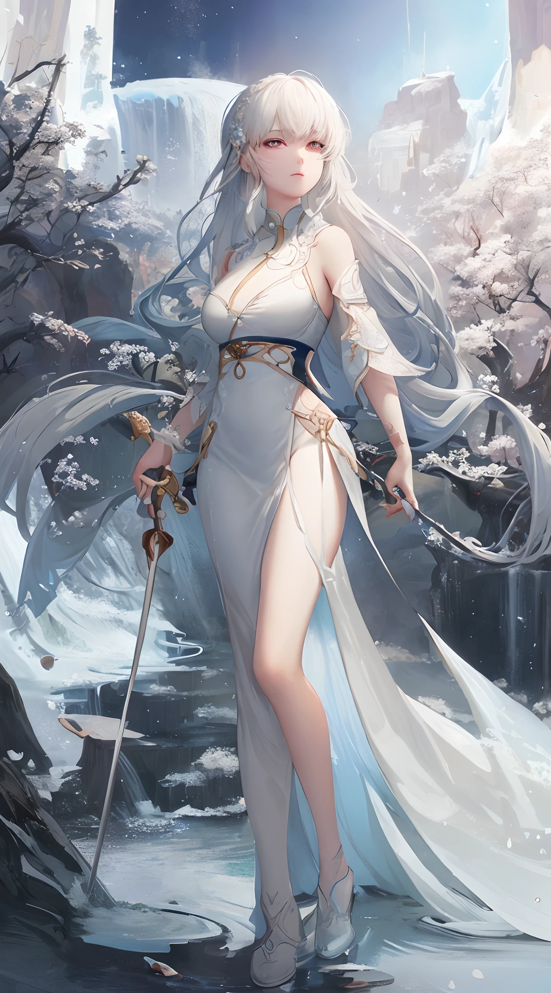 a close up of a woman with a sword in a white dress, a character portrait by Yang J, trending on cgsociety, fantasy art, beautiful character painting, artwork in the style of guweiz, guweiz, white hanfu, flowing white robes, full body wuxia, epic exquisite character art, stunning character art, beautiful female assassin