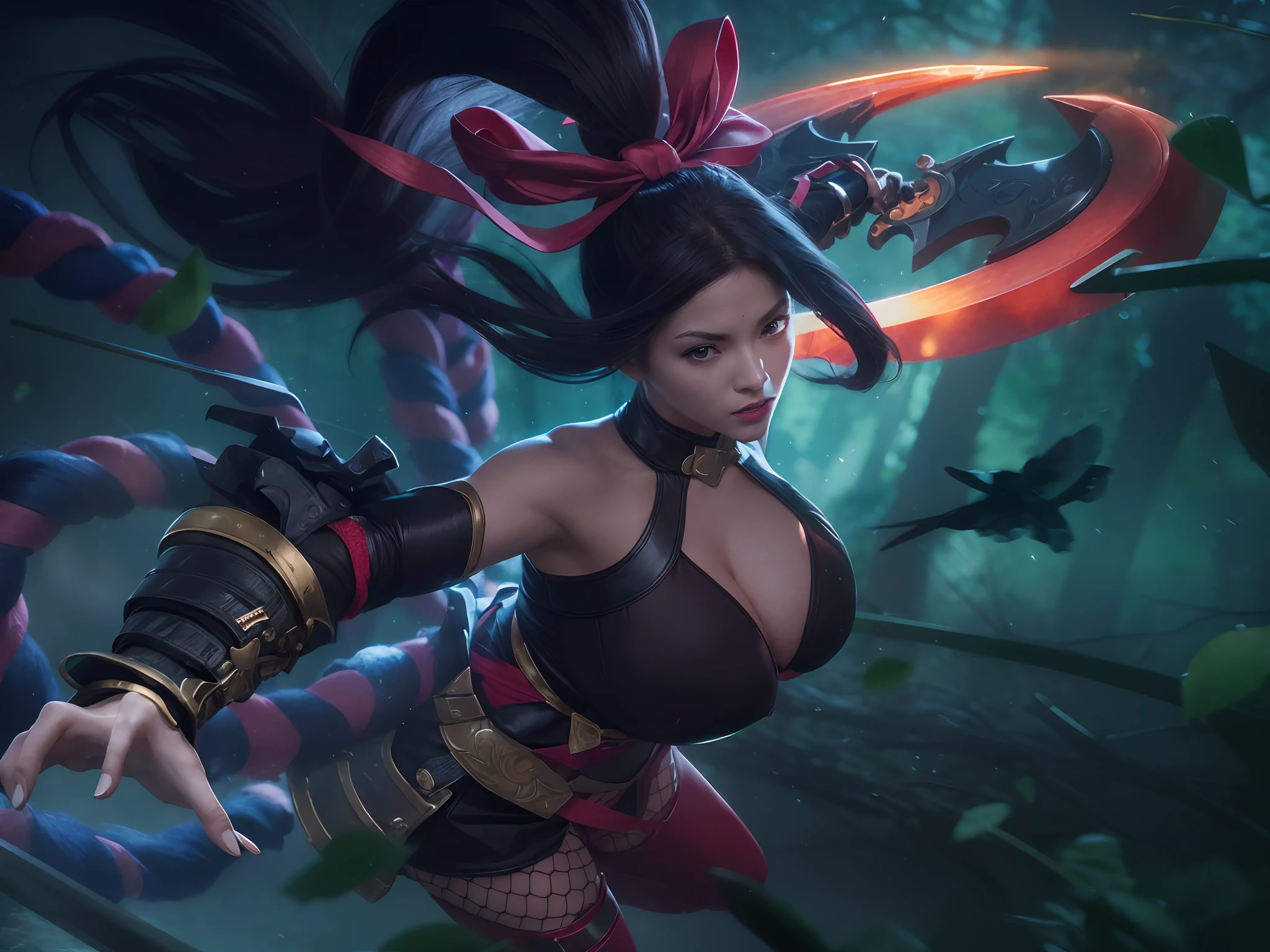 female assassin's/kunoichi character, female character in vame mobile legends, named hanabi, hero hanabi, carrying a large shuriken weapon with a red blade called higanbana (the weapon used), long black hair, wearing a red ribbon tied to her hair forming a butterfly knot, and styled hair tied back / ponytail, has sharp and clear eyes, dazzling red lips, wears armor on the left and right arms, has a very large chest, super large breasts, with large , big black , big buttocks, wearing transparent black spandex, wearing a belt and big red and blue straps tied around the waist, wearing thigh armor on the right and left, wearing net stockings, very detailed drawing, light and shadow very clear, clear background, clarity of hair strands, clarity of ribbons used, details of clothing lines, details of clothes, details of weapons used, details of ornaments, details of eyes, clarity of images, super HD images, 4k images, 8k images, realistic images, very realistic, 70mm lens, 8k Ultra HD, 4k Ultra HD, Ultra Details,