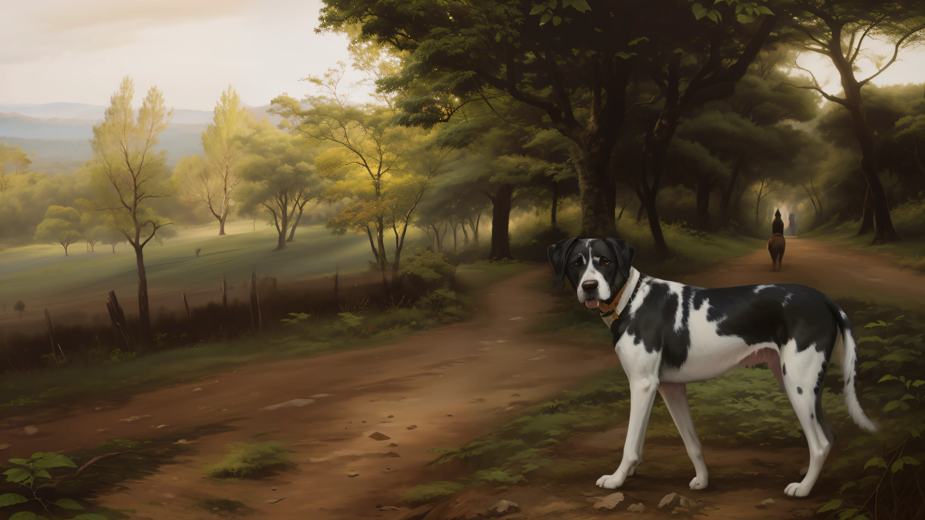 There's a Great Dane dog standing on a dirt road, Looking away from the camera, looking away from camera, Correr en Savana, Forrest en segundo plano, Mirando a lo lejos, Disfrutar de un paseo por el bosque, un guapo, blanco con manchas negras, Mirando a lo lejos, Orgulloso mirando hacia otro lado, desde lejos, manchado, Forrest en el fondo