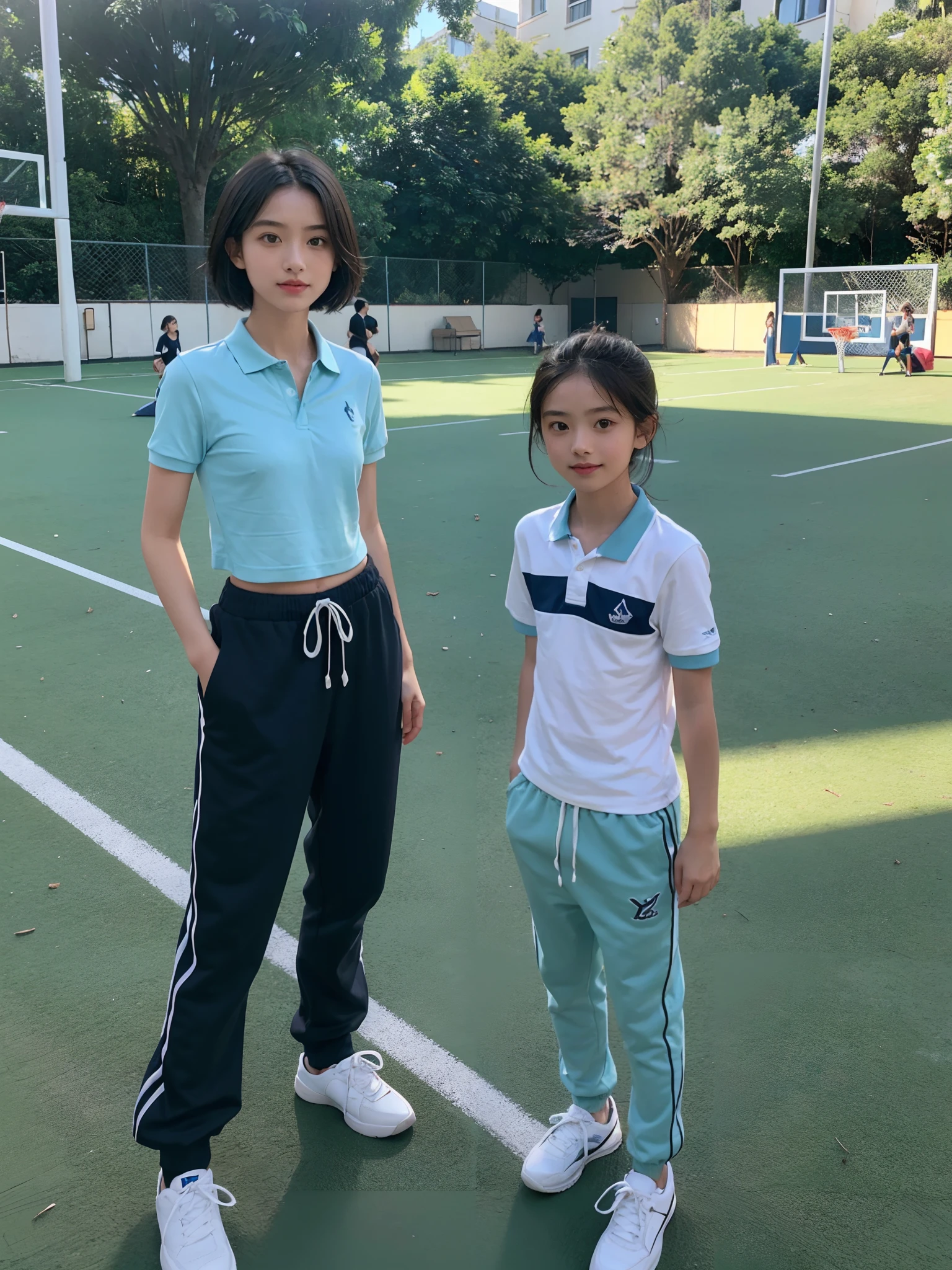 ((smallunderboob,Tomboyish,small heads)), (Well-defined abs: 1.1), (perfect bodies: 1.1), (short-length straighthair: 1.2), Black hair, fully body photo，White sneakers，（极其细致的CG 8k壁纸），（Extremely refined and beautiful），（tmasterpiece），（best qualtiy：1.0），（超A high resolution：1.0），beautiful light up，Perfect lightning，realistic shaded，[A high resolution]，Delicate skin，ultra - detailed ，Crowded，dense with greenery，In a school playground，Green football field，Red plastic runway，Afternoon sun，are standing，Wears a light blue short-sleeved polo shirt，Dark blue loose sweatpants，Two-handed basketball，Two beautiful  girls，The two took a group photo，Ten yentary student，chest，flatchest，Slim and thin，Immature face，Not developed，ssmile，cheerfulness
