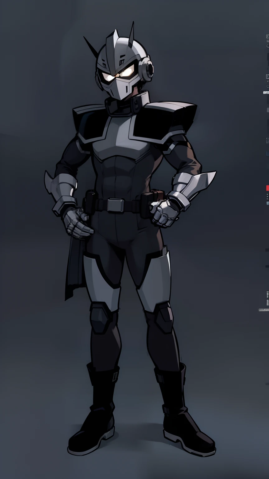 My Hero Academia style, anime boy, male, young male, trending on artstation pixiv, (full body shot:0.5), head covering, helmet, face covering, mask, gray metallic helmet, gray helmet, metallic helmet, hero costume, full body suit, black suit with black studded capelette, metallic gray elbow gloves, black knee boots, belts on the torso, Perfect anatomy, Super Detailed,