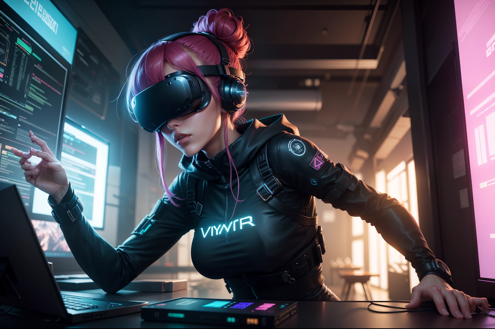 cyber punk perssonage,Girl using VR device,Proper use of VR equipment,Neon hair,Raised sexy,Perfect and delicate facial features,fully body pose,Cool scene,It is surrounded by a game screen mapped by a VR device,Exquisitely,12K,A high resolution,Highly detailed, vibrant, Ultra high quality, hyper photorealism, Photorealism, rendering by octane, cinematric light, Colorful, hight contrast, cyber punk perssonage, neonlight, 城市, view over city, Skysky,