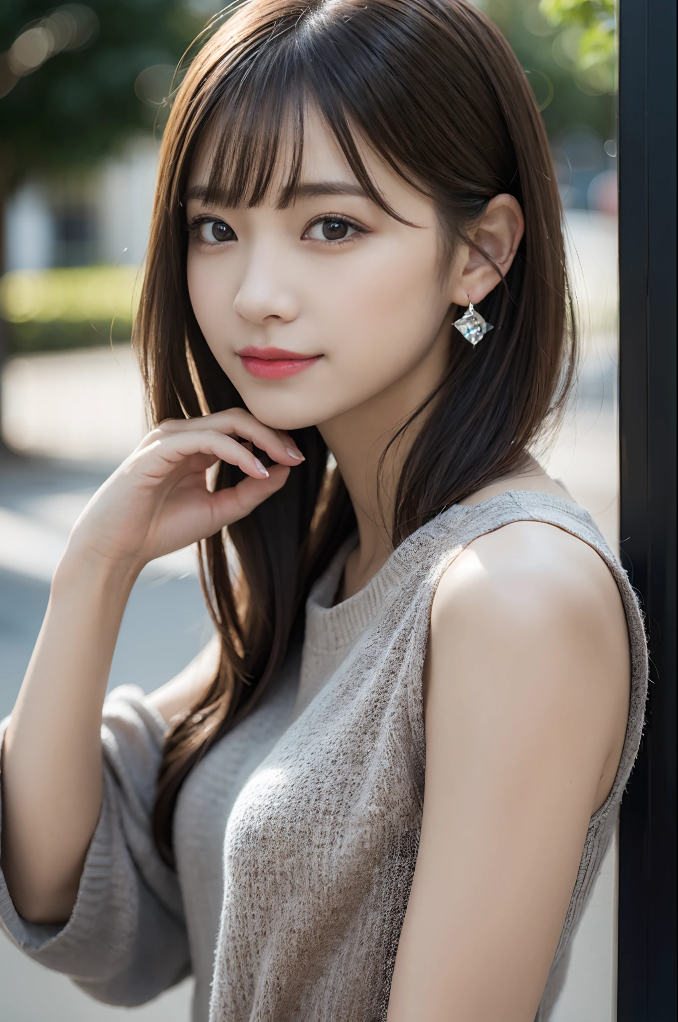 1girl, light brown hair, floating hair, hair scrunchie, longeyelashes, pupils sparkling, crystal earrings, smile, depth of field, first-person view, Canon, 85mm, f/1.2, UHD, retina, masterpiece, ccurate, anatomically correct, textured skin, super detail, high details, high quality, award winning, best quality, highres, 1080P, HD, 4K, 8k