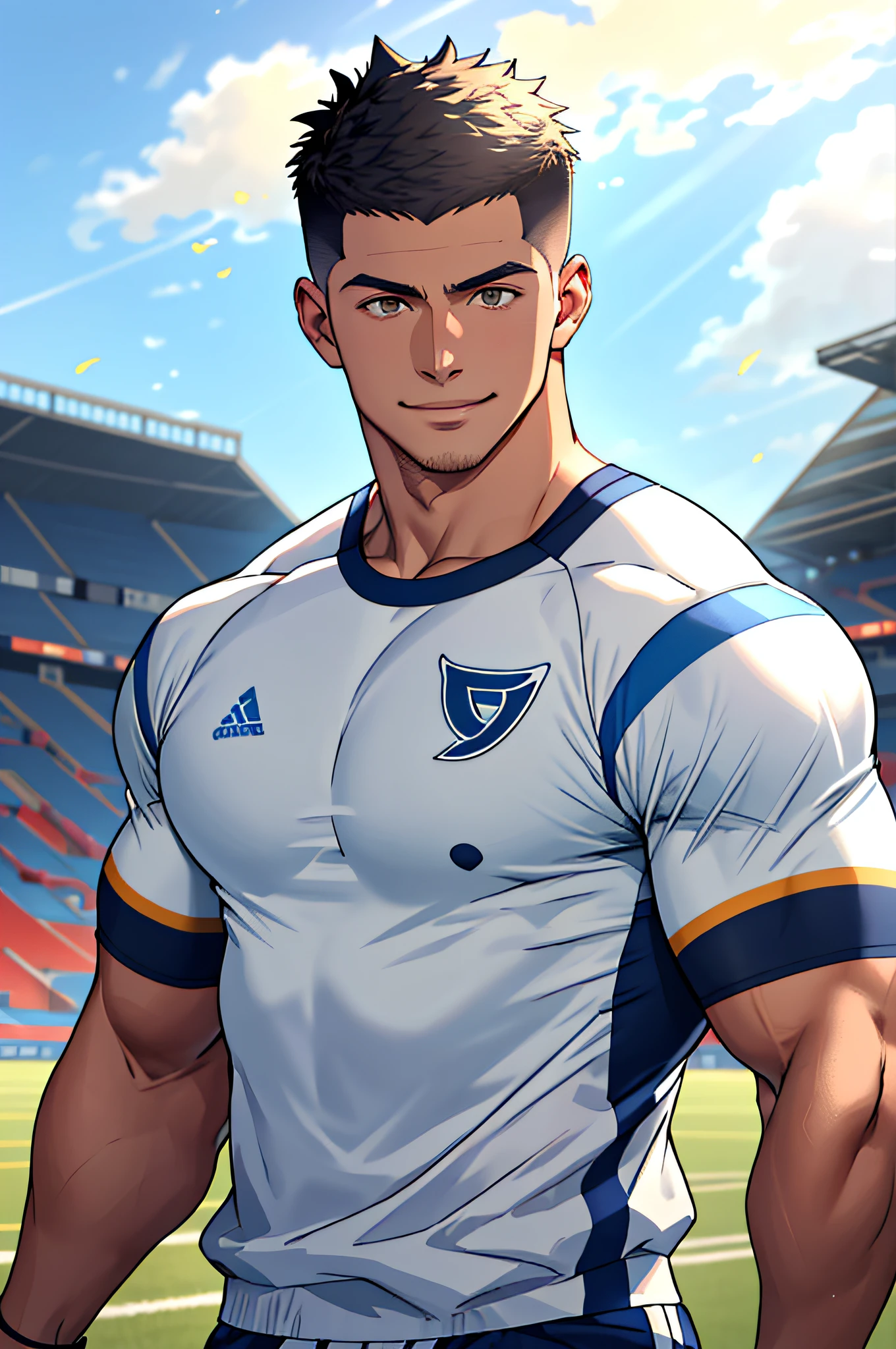 Draw a full-fledged athlete,Stand on the central field of the gym,He wears high-end sportswear,The man looks confident and determined,rays of sunshine,cheerful big breasts,Handsome,Crew cut,full bodyesbian,shooting from below,