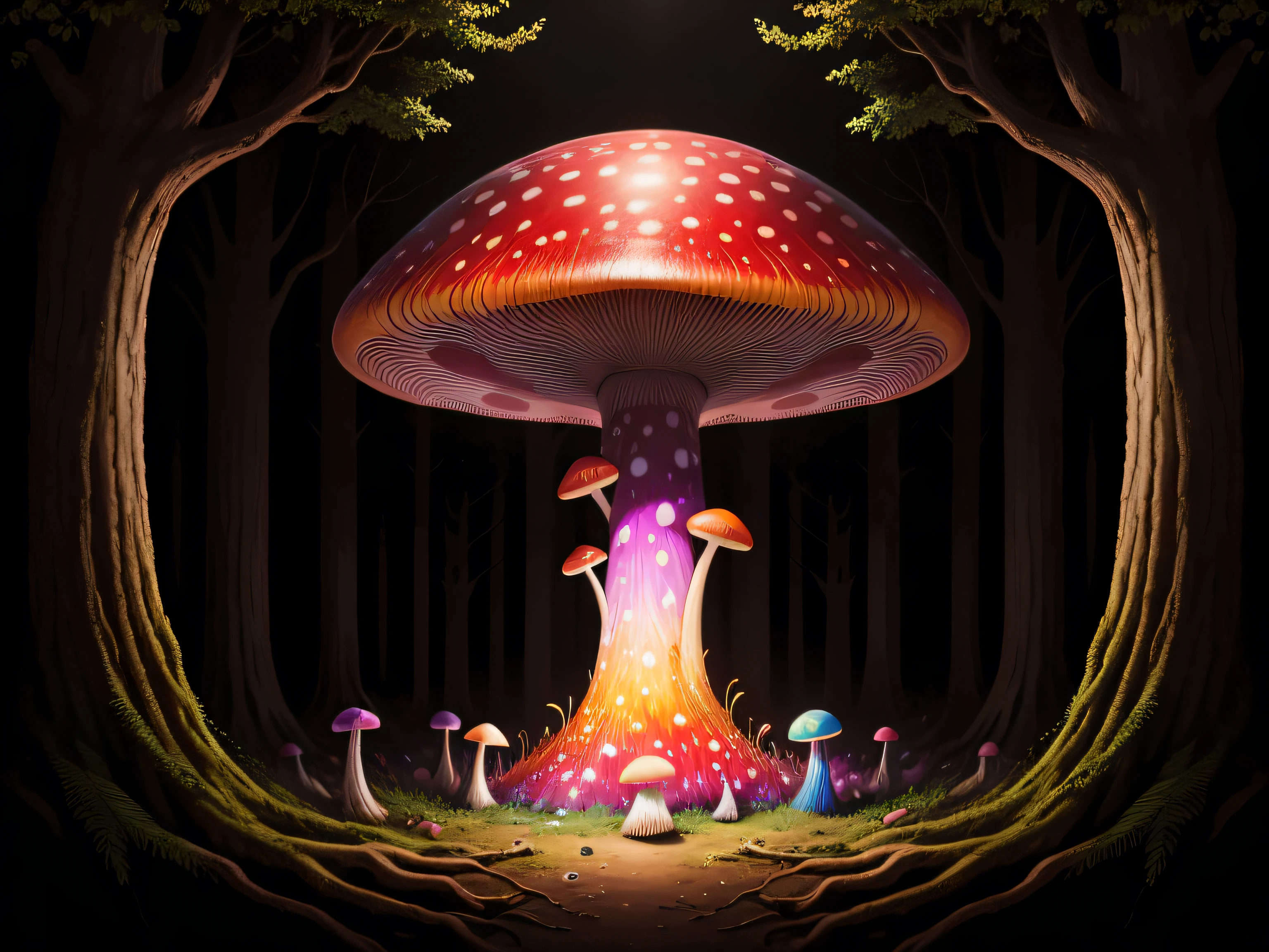 a painting of a psychedelic mushroom in a dark forest