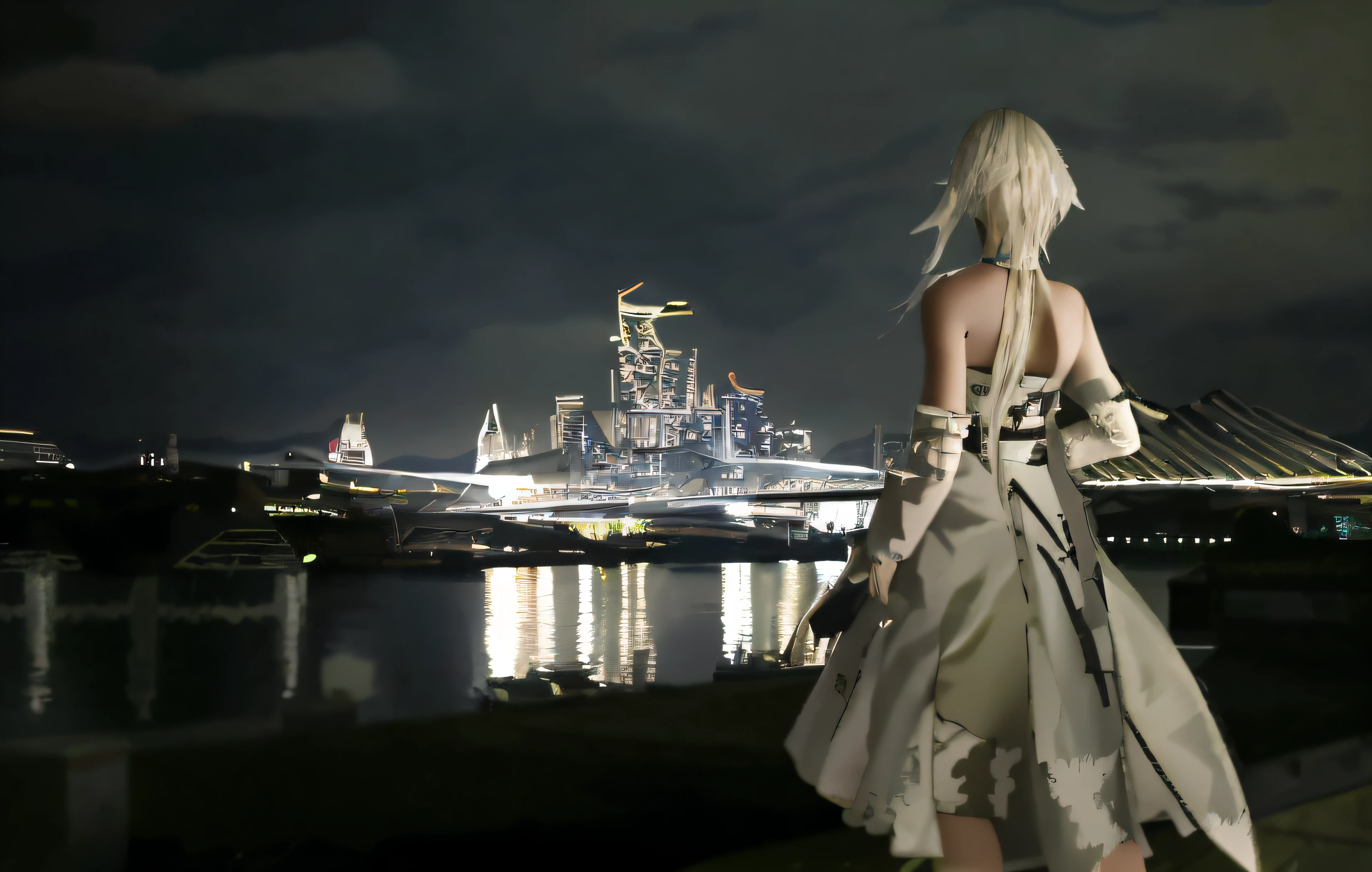 Blonde woman in long dress looking at city skyline at night, in front of a fantasy city, temples behind her, with the city as the background, From《Final Fantasy XIII》, in front of a sci fi cityscape, tokyo futuristic in background, Beautiful city of the future, in front of a ruined city, City in the background, nier inspired, city in backround