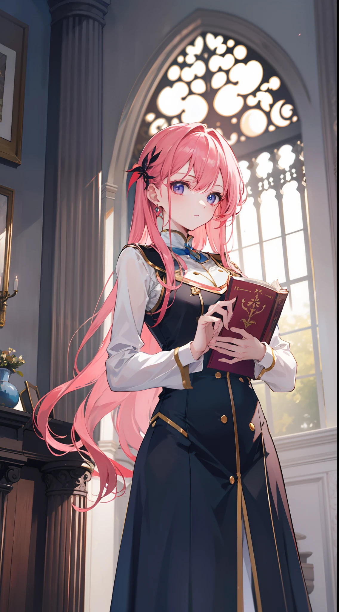 "Generate a long pink-haired girl in a vibrant magic academy uniform, elegantly holding a book with both hands, standing confidently at the the hall."