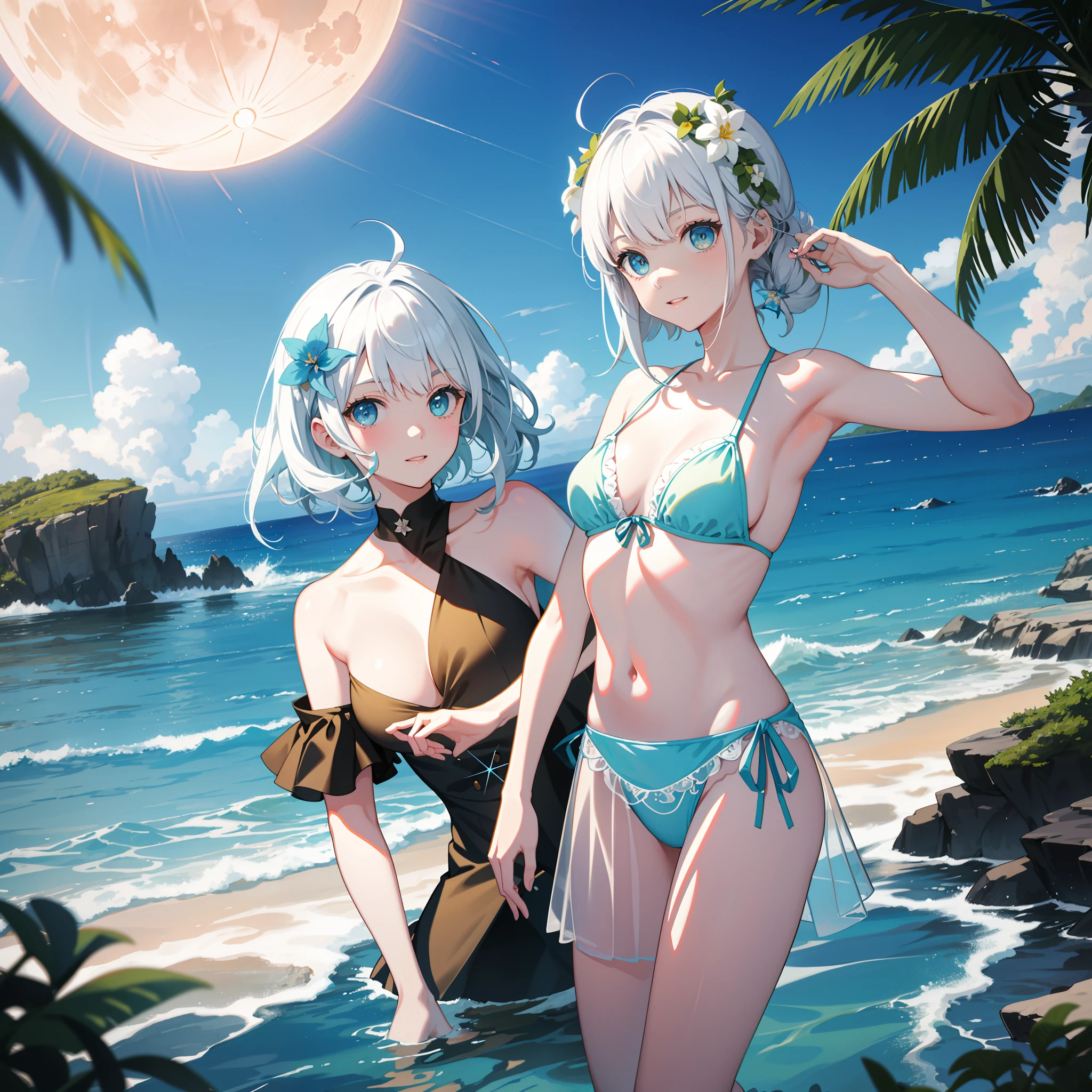 heterochromia blue yellow,masterpiece, best quality, in summer, moon, landscape, sunset, stars, in hawaii, sky, sea, beautiful detailed sky, beautiful detailed water, on the beach, bishoujo, over the sea, intense shadows, arms behind head, incredibly_absurdres, girl, short hair, white hair, hair down, ahoge, hair flower, asymmetrical bangs, cute face, aqua eyes, looking to the side , excited, drunk, crazy, sunglasses, friled bikini