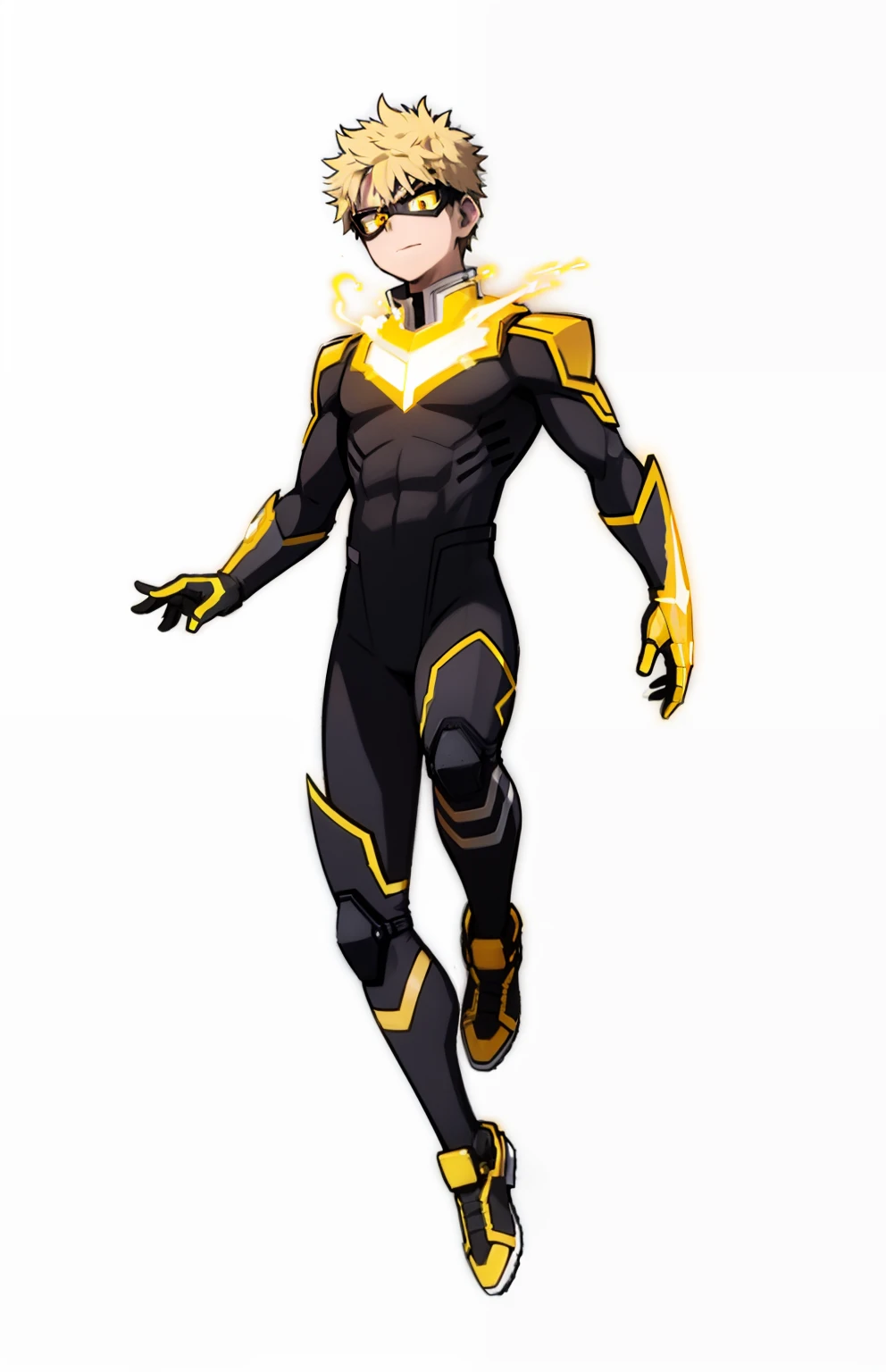 My Hero Academia style, anime boy, male, young male, trending on artstation pixiv, (Full body shot:0.5), head covering, helmet, face covering, mask, yellow helmet, yellow face mask, black eye goggles, black goggles, eye goggles, hero costume, full body suit, black color suit with yellow, shining golden aura around, shining golden aura, golden aura around, Golden aura, bright aura, aura around, super detailed, perfect anatomy,