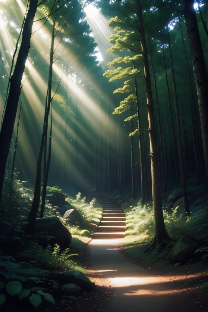 Inside the dense forest, the trees are luxuriant, there are beams of light, fireflies flying, green fireflies, beams, trees